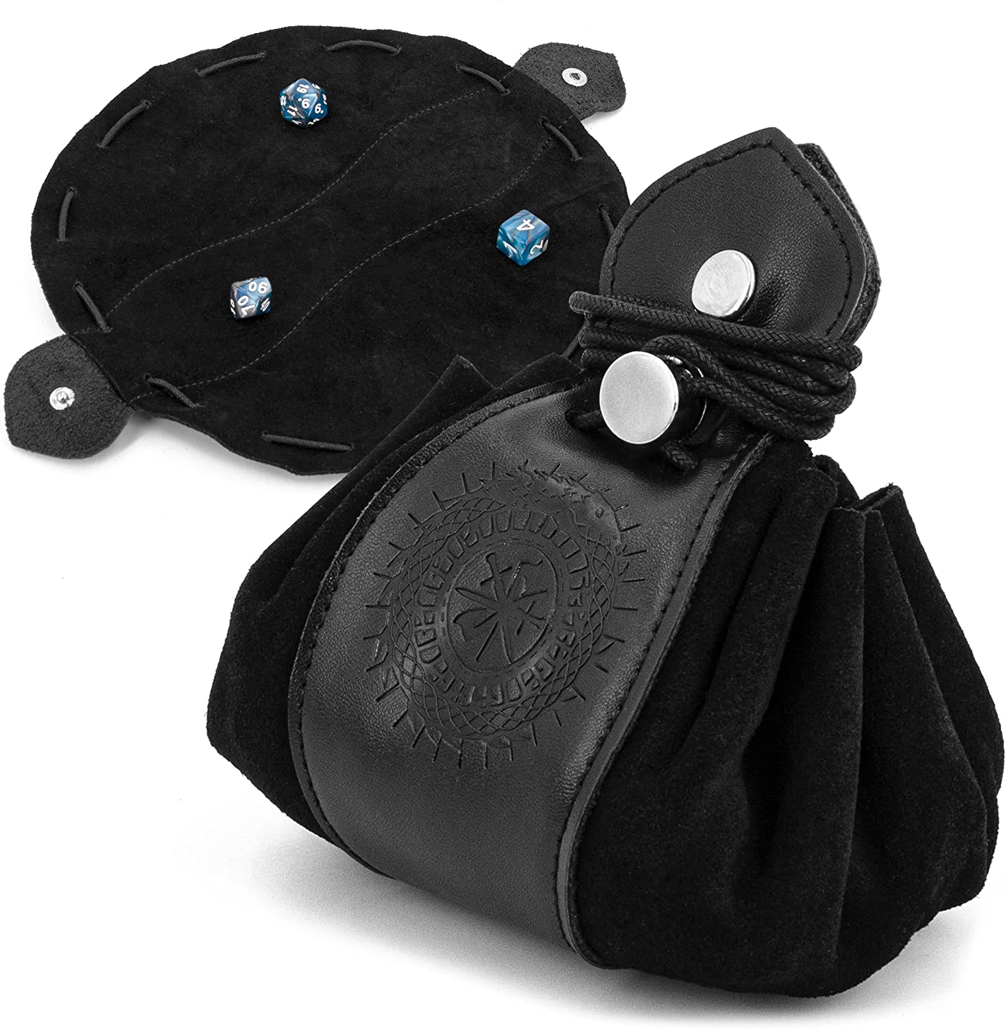 CASEMATIX Leather Dice Bag & Rolling Tray Set for DND, RPG - Holds 50+ Dice - Black Premium Leather Drawstring Pouch with Soft Non-Scratch Lining - Perfect for Tabletop Gaming, Dungeons & Dragons Sessions, and Role Playing Game Accessories
