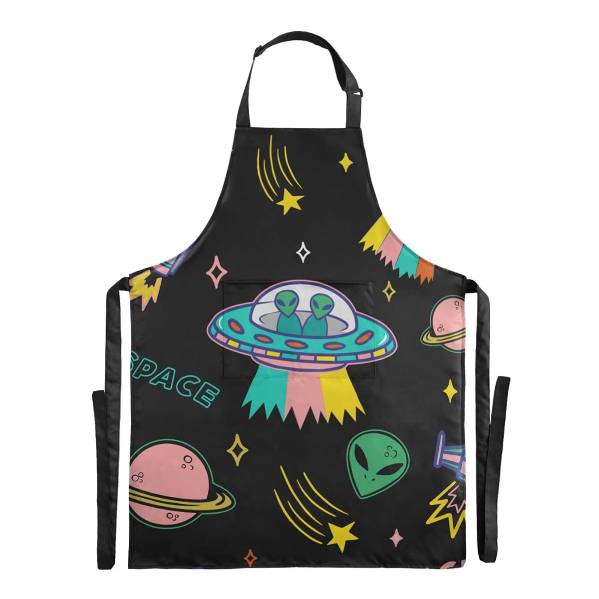 Waterproof Funny Aliens Spaceship Planet Stars Bib Apron for Adults - Adjustable Straps & Large Pocket - Perfect for Farmhouse, Cosmetology, Home Kitchen, BBQ, Painting & DIY Crafts