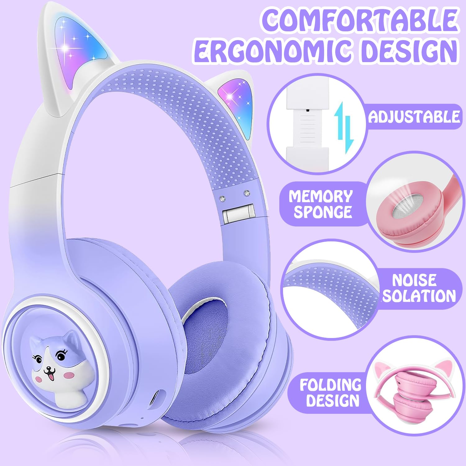 Wireless Cat Ear Headphones with RGB Lighting - Foldable On-Ear Stereo Bluetooth 5.3 Headset for Gaming, HD Mic, Compatible with Smartphones, PC & Tablet - Perfect for Cosplay, Streaming & Mobile Gaming