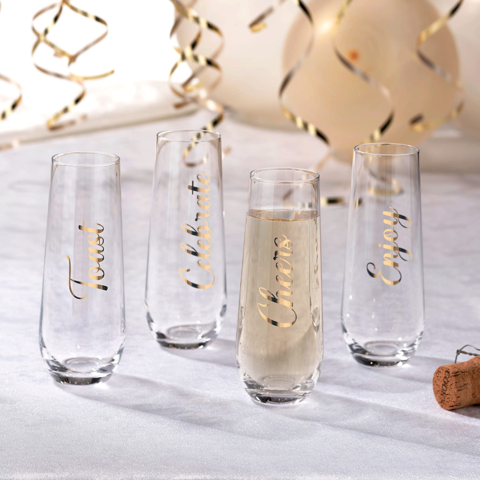 Lillian Rose Set of 4 Stemless Champagne Glasses with Inspirational Quotes - Perfect for Weddings, Bridal Showers & Romantic Celebrations