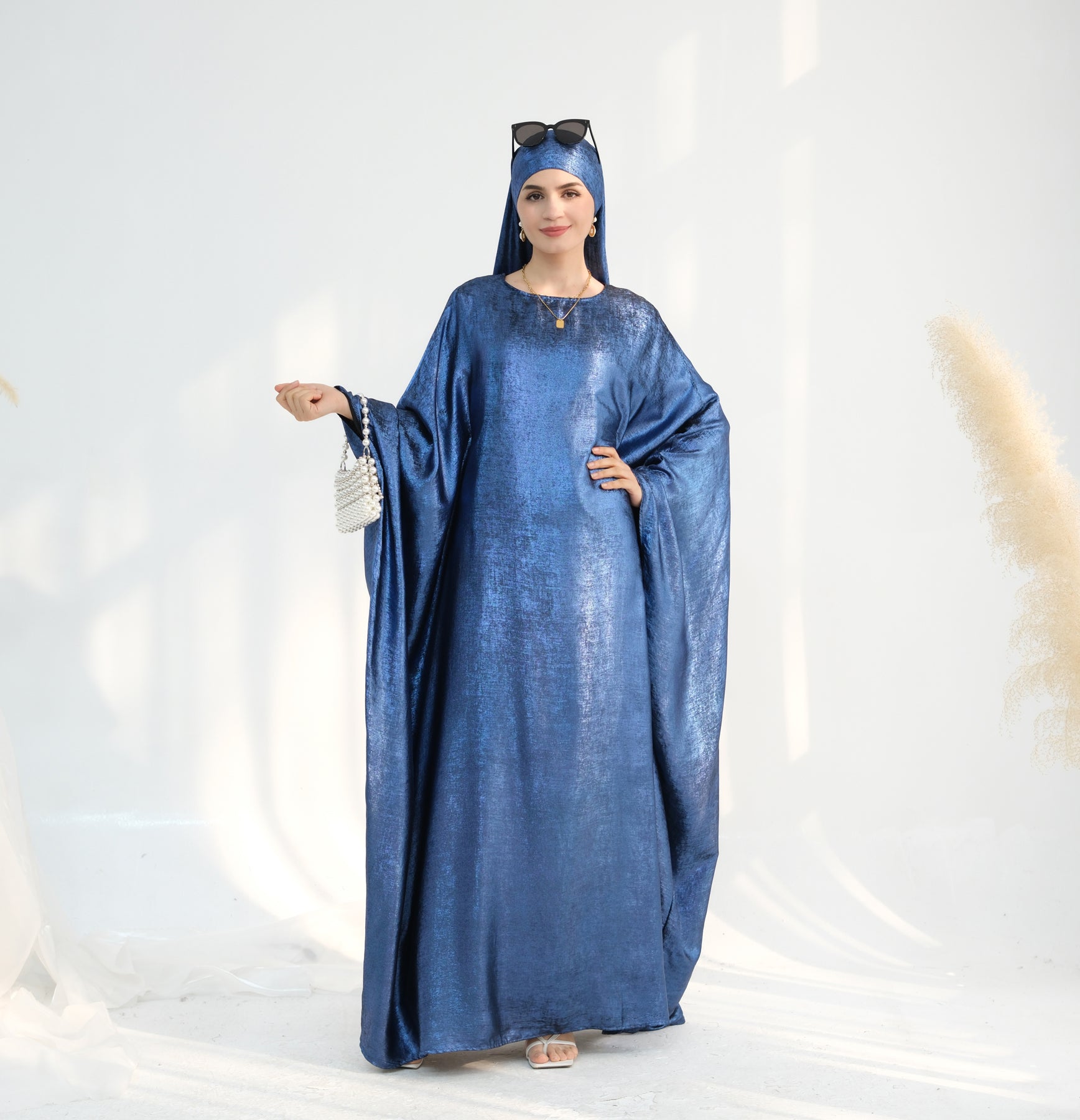 Linora Shimmer Butterfly Abaya Dress for Women - Elegant Blue Islamic Prayer Gown for Mosque, Eid, and Special Occasions