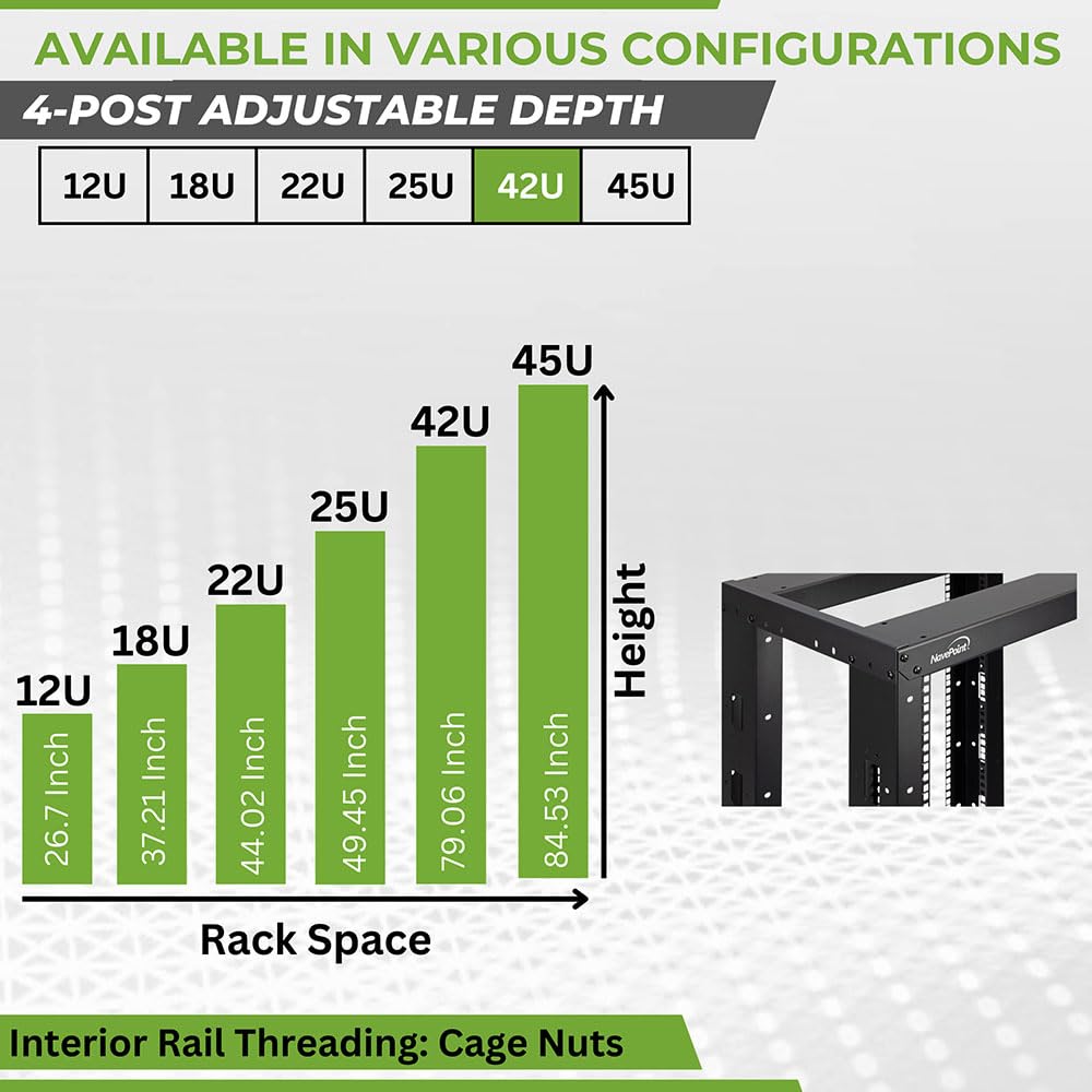 NavePoint 7ft Open Frame 19 Inch 42U 4-Post Server Rack with Casters - Heavy Duty Network Equipment Rack for Data Center, Server Room & IT Infrastructure (Rolling Design for Easy Mobility)