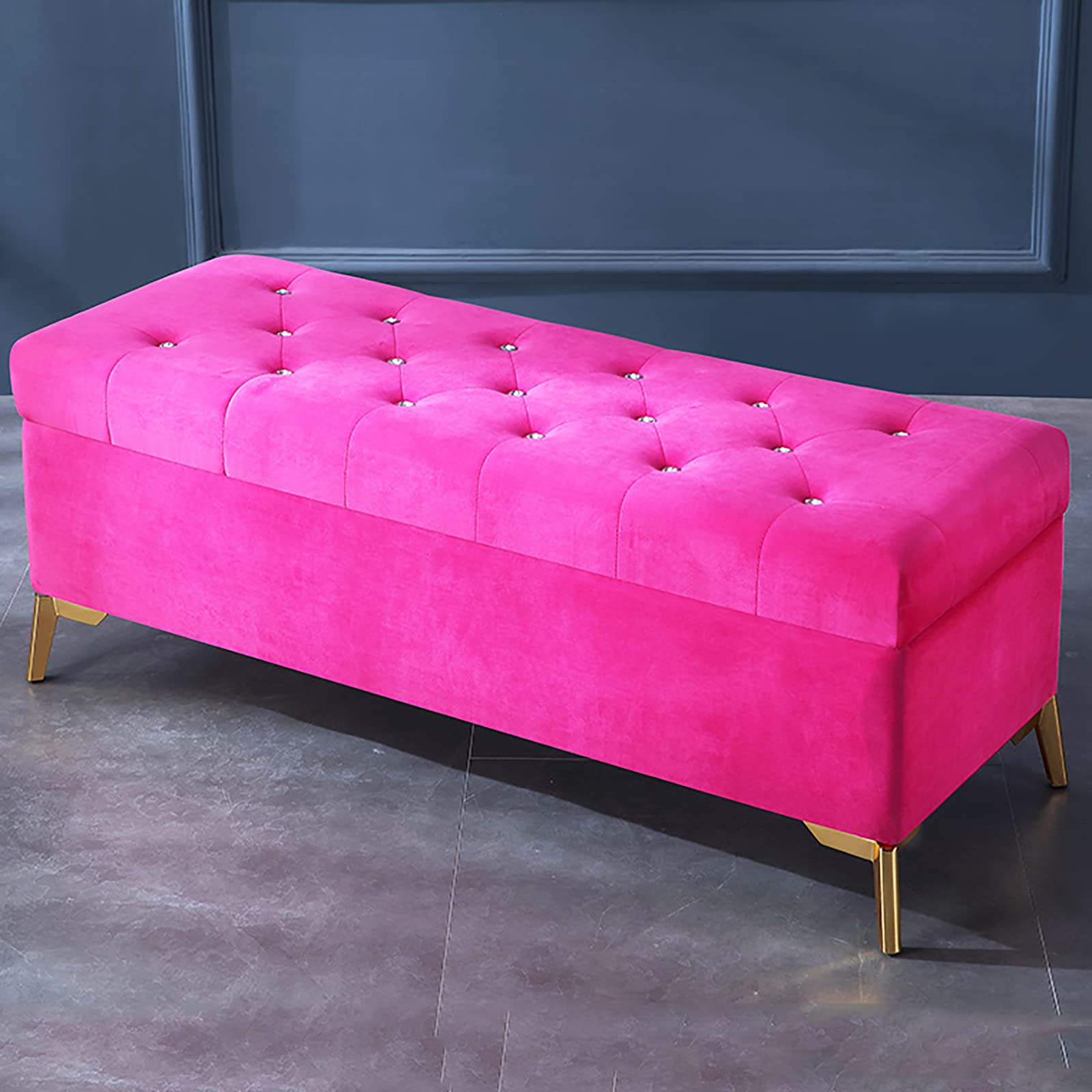Luxury Velvet Upholstered Storage Ottoman Bench with Crystal Buttons - Pink Tufted Footrest, Shoe Bench & Bedroom Seat (80x42x45cm/31x17x18in) - Perfect for Living Room Decor, Bed End Bench & Entryway Storage Solution