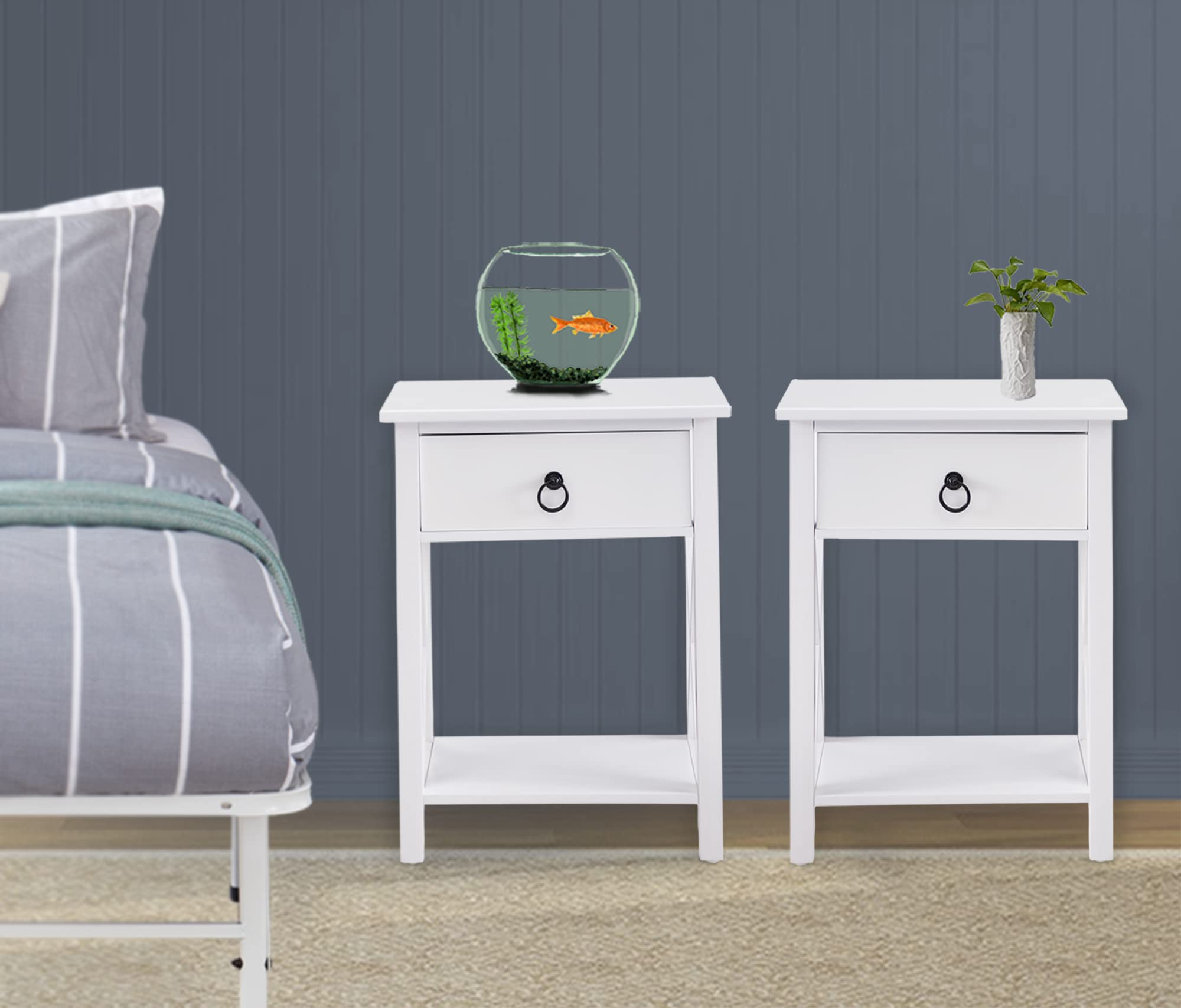 Compact 1.8ft Wooden Nightstand Set of 2 with Drawer - Space-Saving Bedside Tables for Small Bedrooms - White Modern Nightstands for Bedroom Decor - Perfect for Apartment Living, Dorm Rooms & Guest Rooms