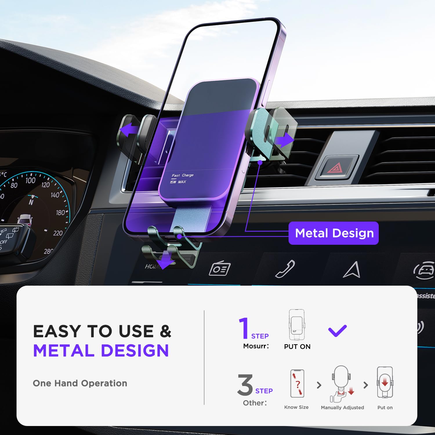 15W Fast Wireless Car Charger with Auto Clamping & 7-Color LED Backlight - Compatible with iPhone 14/13/12/11/X, Samsung Galaxy S23/S22/S21/S10/Note 20 - Perfect for Hands-Free Charging While Driving (Green)
