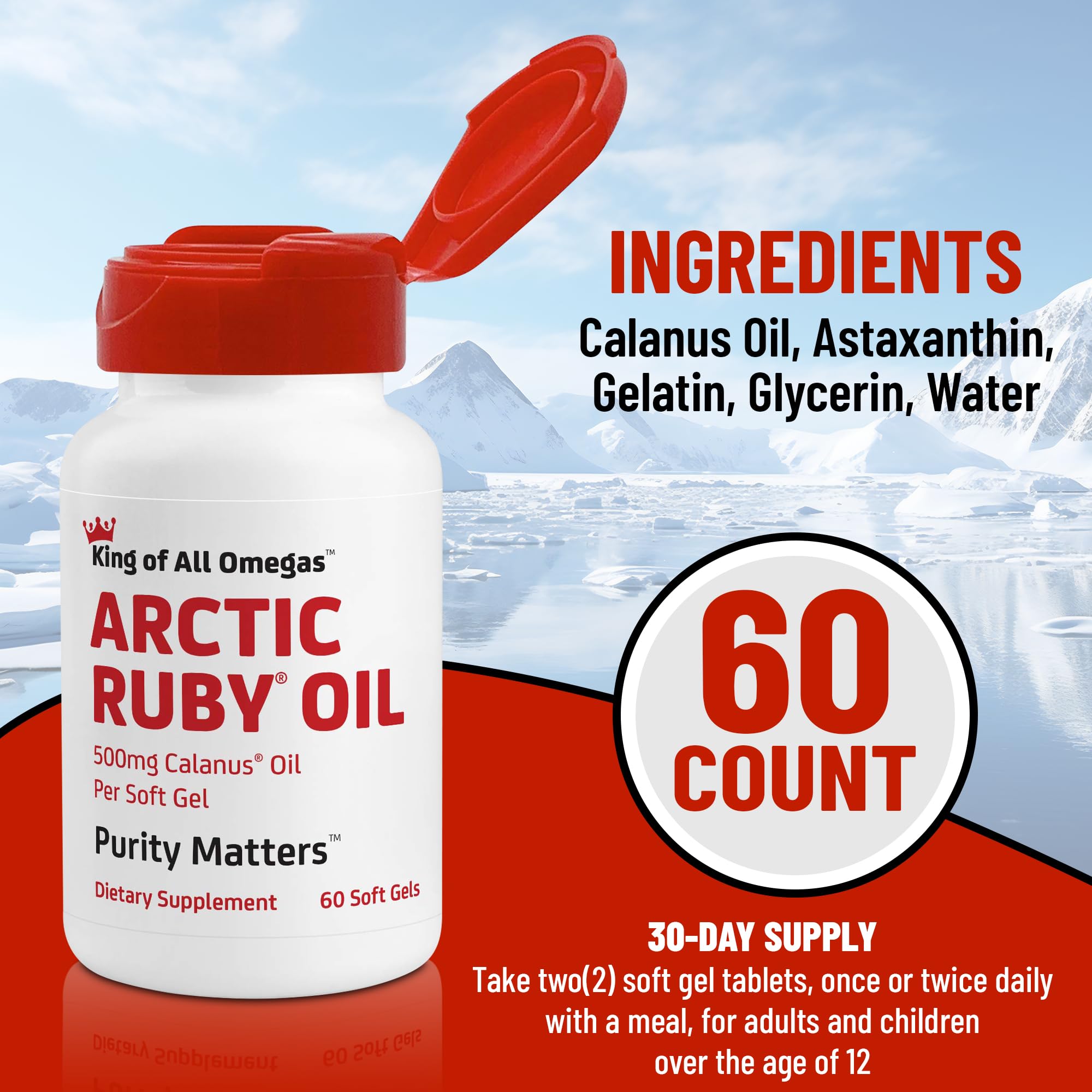 Premium Arctic Ruby Oil Omega-3 Supplement with 2mg Astaxanthin - Rich in Essential Fatty Acids & Antioxidants - Supports Heart, Brain, Eye, Skin, Joint & Immune Health - 60 Softgels (1 Pack) - Ideal for Daily Wellness & Active Lifestyle