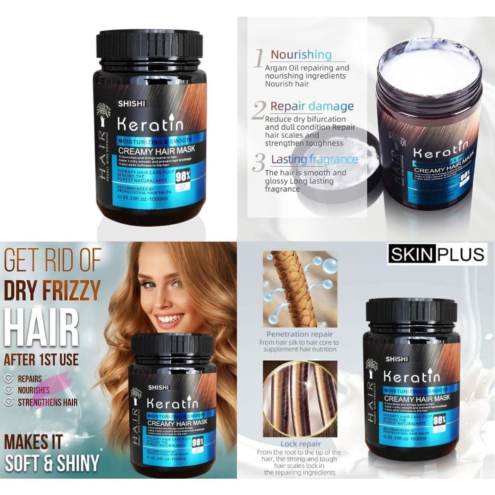 SHISHI Keratin Moisturizing & Smooth Creamy Hair Mask 1000ml - Intense Repair for Dry & Damaged Hair - Salon-Quality Hair Spa Treatment at Home - Perfect for Post-Color, Heat Styling & Frizz Control