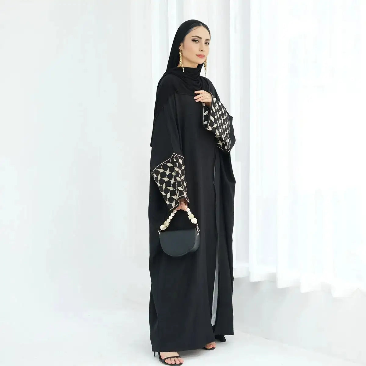 Elegant Embroidered Keffiyeh Sleeve Wrinkle Cardigan Open Abaya Dress for Women - Boho Chic Loungewear & Modest Fashion Outfit
