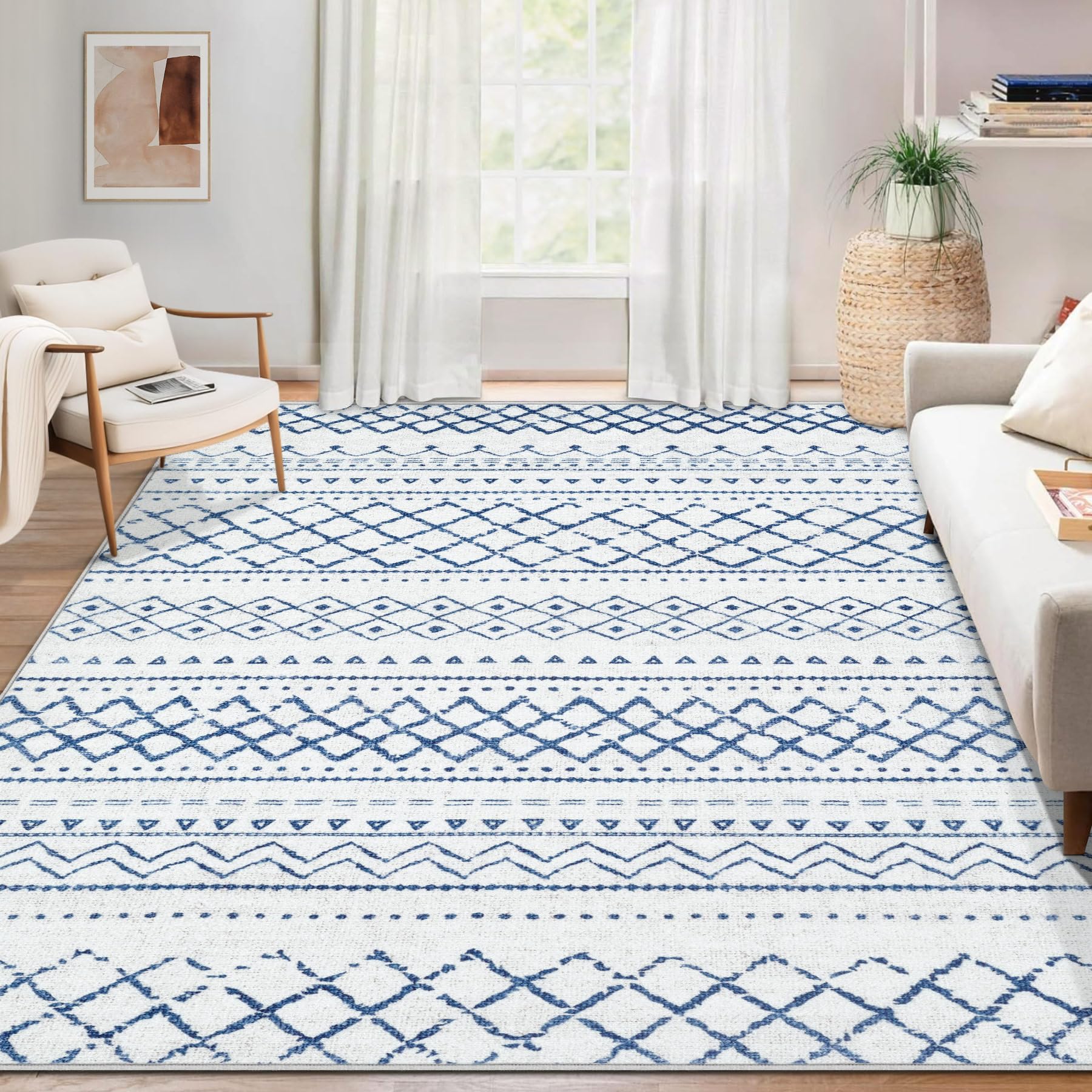 6x9 Washable Boho Moroccan Area Rug - Non-Slip Geometric Neutral Modern Farmhouse Rug for Living Room, Bedroom & Dining Room | Indoor Floor Carpet | Home Decor (Blue, 6' x 9') | Perfect for Cozy Spaces, Boho Chic Interiors & Farmhouse Style Homes