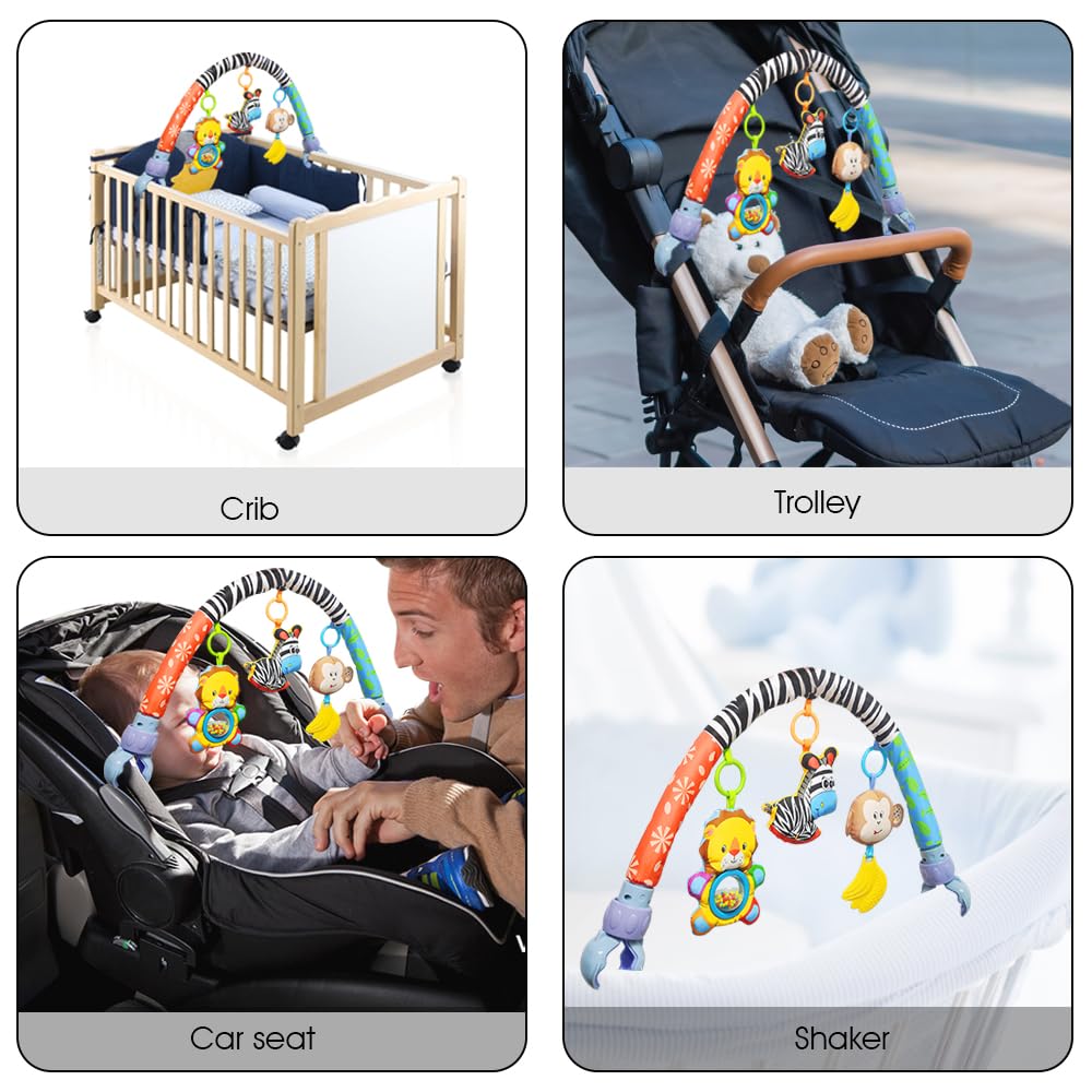 **Adjustable Baby Travel Play Arch - Detachable Musical Activity Toys for Bassinet, Crib, Stroller & Car Seat (11.6-20.2 Inch) with Rattles, Squeaker & Teether - Perfect for On-the-Go Playtime & Sensory Development**