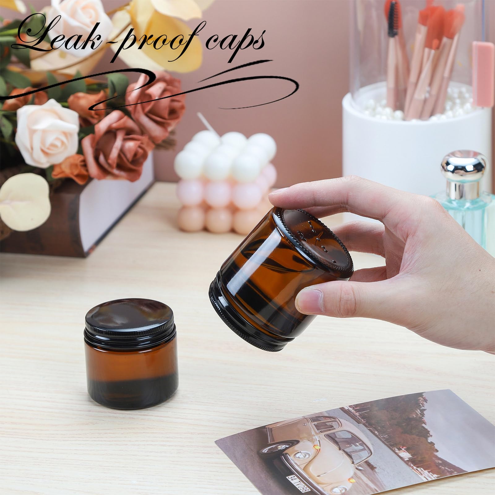 12 Pack 2oz Amber Glass Jars with Airtight Lids - Small Cosmetic Containers for Lotion, Cream, Salve & DIY Skincare - Travel-Friendly Empty Jars for Candle Making, Essential Oils & Beauty Products