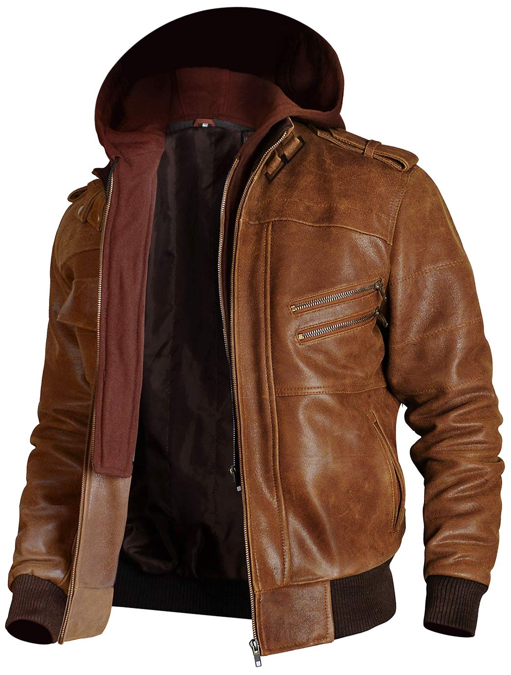 Men's Slim Fit Leather Motorcycle Jacket with Removable Hood - Aviator Bomber Style Jacket for Riding & Casual Wear | Water-Resistant Biker Jacket for Motorcycle Enthusiasts