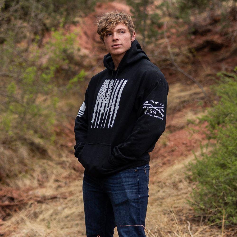 Rifle Flag Hoodie 2.0 - Patriotic American Flag Pullover Sweatshirt for Men & Women | Perfect for Outdoor Activities, Shooting Range & Casual Wear