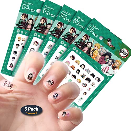 Anime Nail Stickers - Demon Slayer Kamado Tanjiro Nezuko Zenitsu Inosuke Japanese Nail Art Decals, 5 Sheets Self-Adhesive Nail Foils & Vinyl Stencils for DIY Manicure - Perfect for Cosplay, Halloween, Anime Conventions & Nail Salon Use