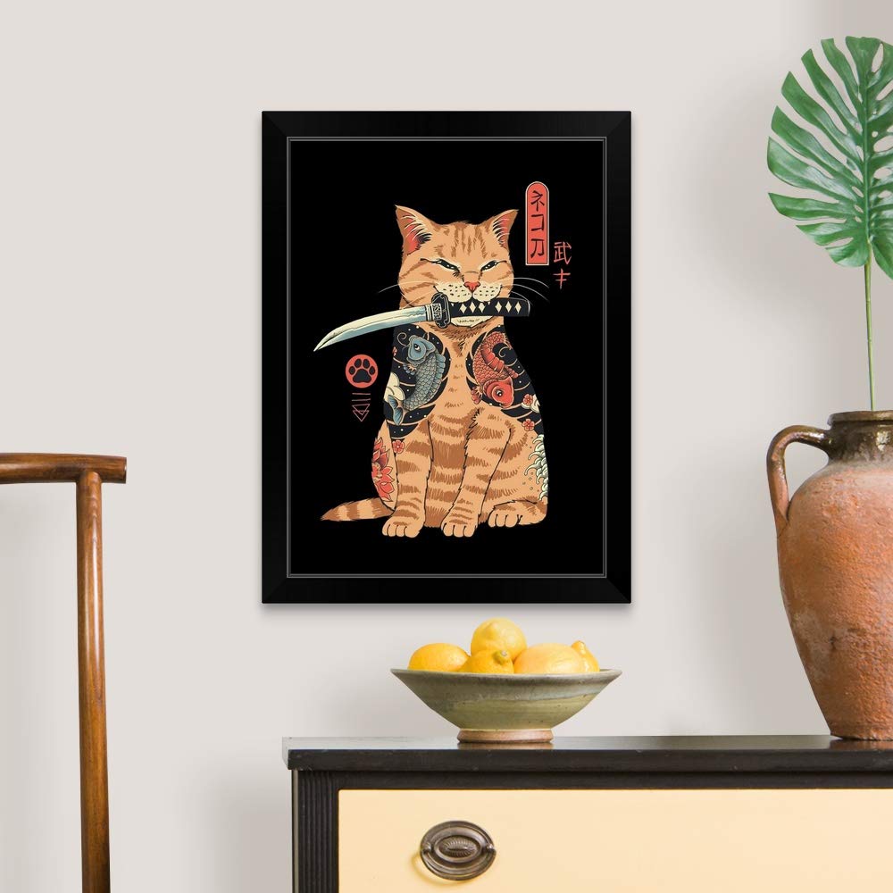 Catana Black Framed Art Print - Elegant Cat Artwork for Home & Office Decor | Perfect for Living Room, Bedroom, or Gift