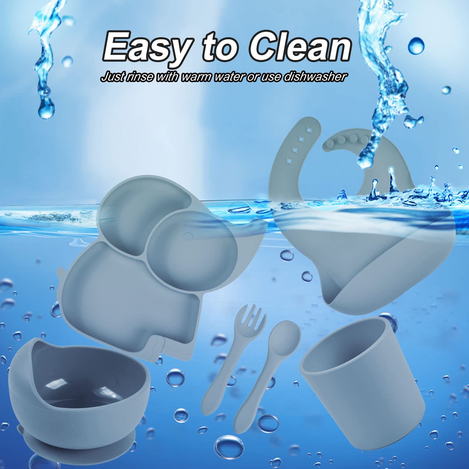 Domueay 6-Piece Silicone Baby Feeding Set - BPA-Free Toddler Weaning Kit with Suction Bowl, Elephant Divided Plate, Spoon, Fork, Adjustable Bib & Cup (Blue) - Perfect for Mess-Free Mealtime & Learning Self-Feeding
