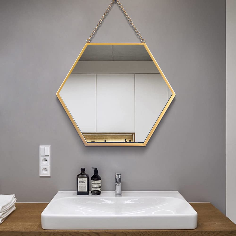 Hexagon Metal Frame Wall Mirror - Decorative Hanging Mirror with Chain for Bathroom, Living Room & Bedroom | Makeup Vanity Mirror & Full Length Mirror for Home Decor