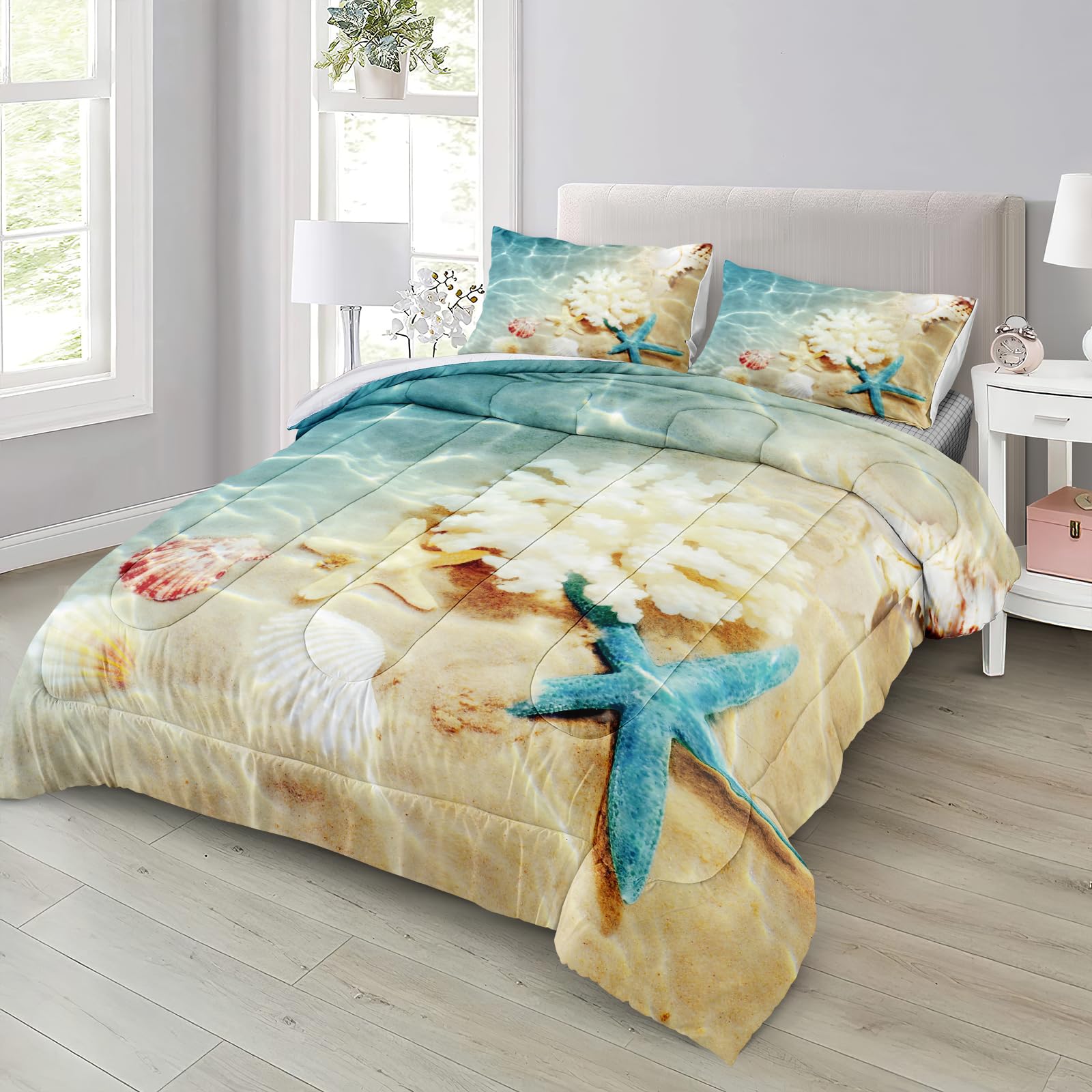 Soft Microfiber Fluffy Twin Size Coastal Comforter Set - 3 Piece Beach Themed Bedding with Sea Life & Starfish Design | All-Season Comfort for Guest Rooms, Beach Houses & Coastal Decor