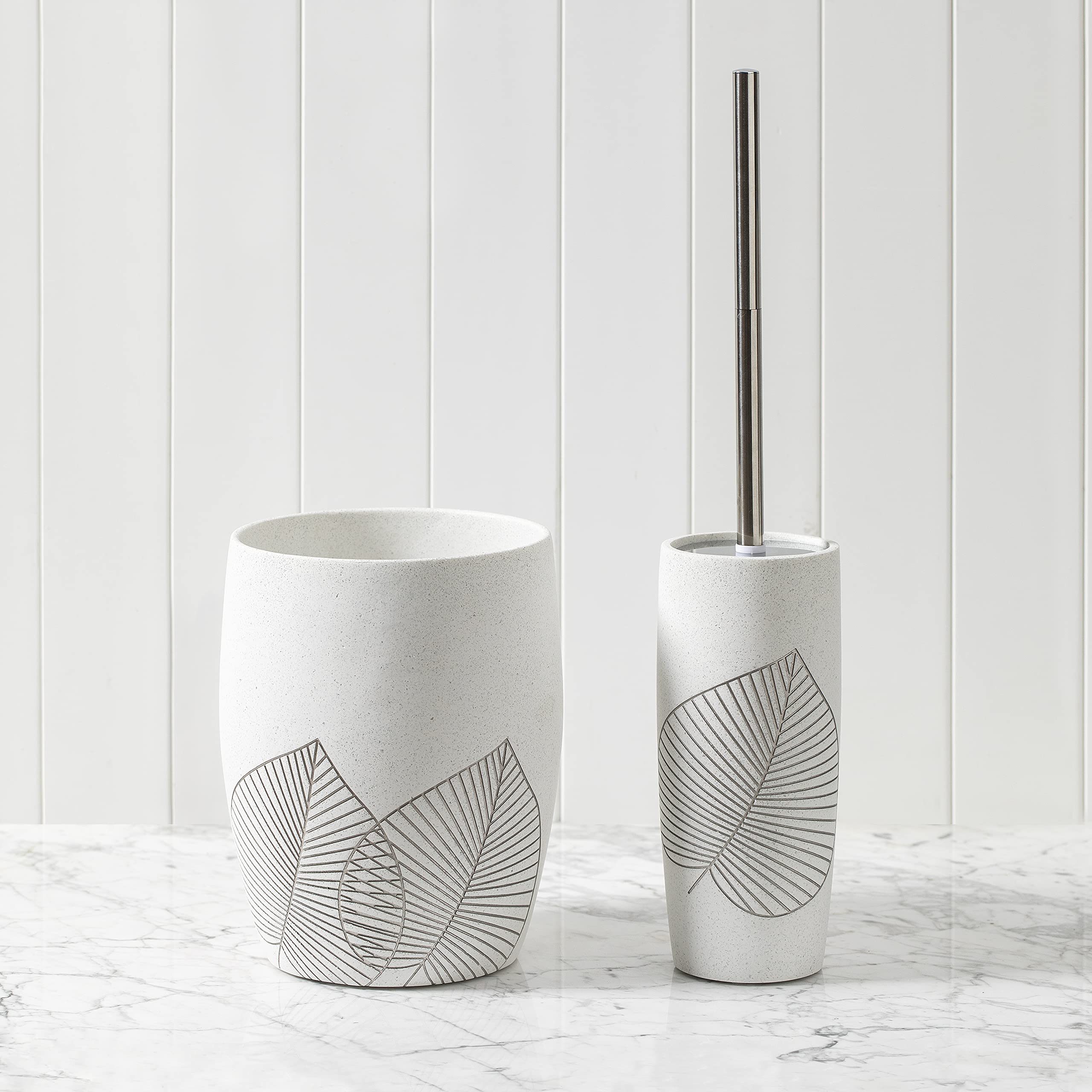 2-Pack Elegant Leaf Design High-Quality Polyresin Wastebasket Trash Can with Brush Holder - Perfect for Bathroom, Kitchen, Home Office & Powder Room - White