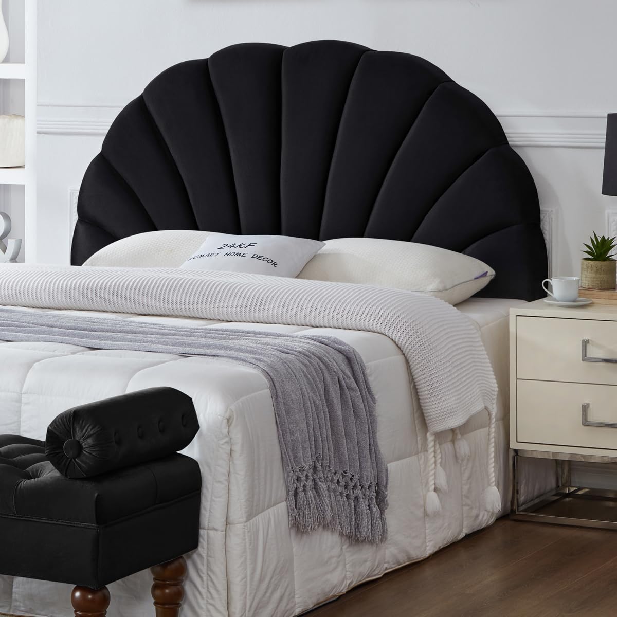 24K Gold Stunning Crown Design Queen Size Upholstered Headboard - Soft Velvet Petal Pattern for Full/Queen Bed - Luxury Bedroom Decor for Master Bedroom & Guest Room