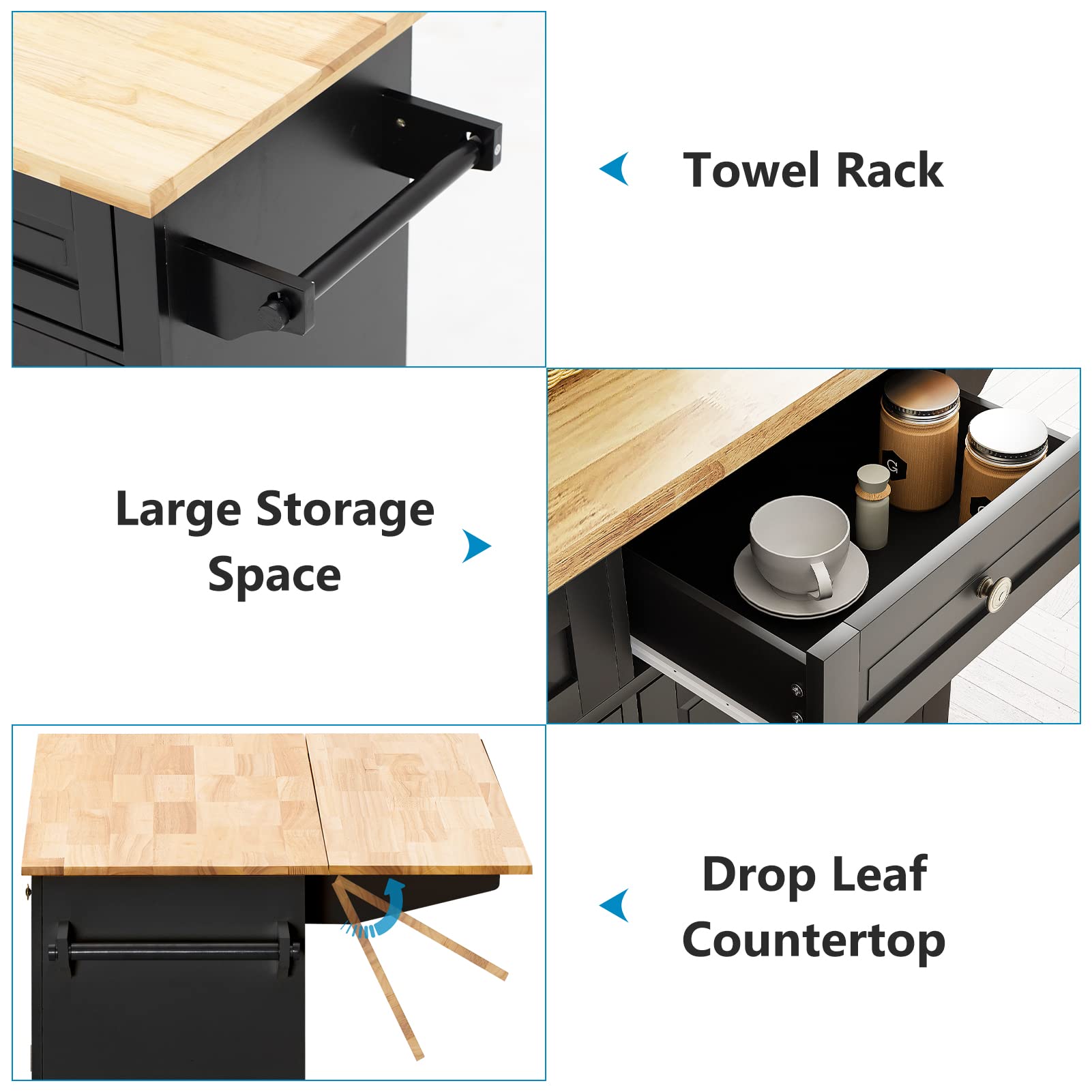Rolling Kitchen Island with Drop Leaf - Mobile Kitchen Cart on Wheels with Storage Cabinet, Rubber Wood Top, Rack & Drawer - Matte Black for Small Spaces, Apartments & Home Cooking