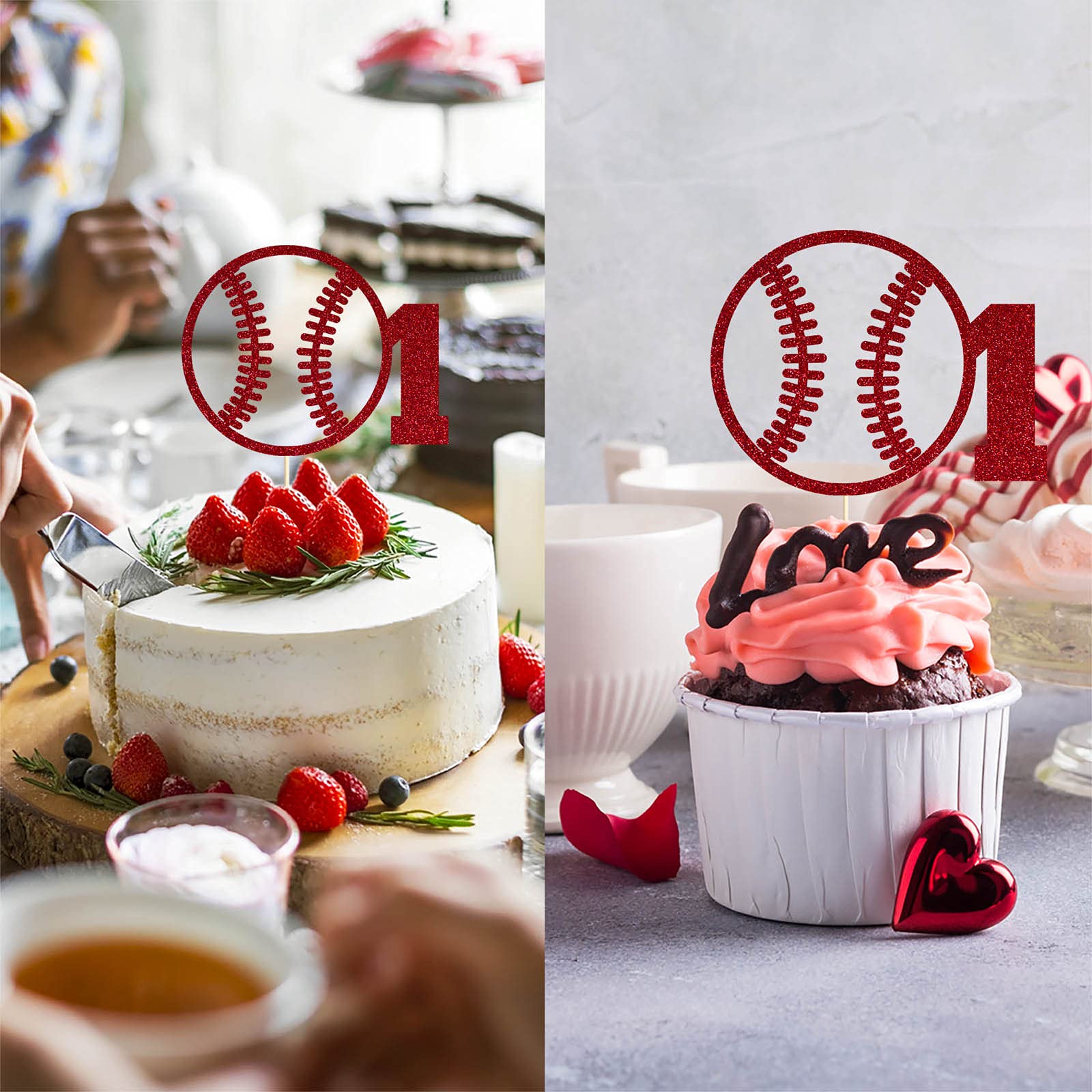Red Baseball 1st Birthday Cake Topper - Glitter Happy First Birthday Party Decoration for Baby Boy, Baseball Theme Celebration | Perfect for 1-Year-Old Birthday Cakes, Cupcakes & Dessert Tables