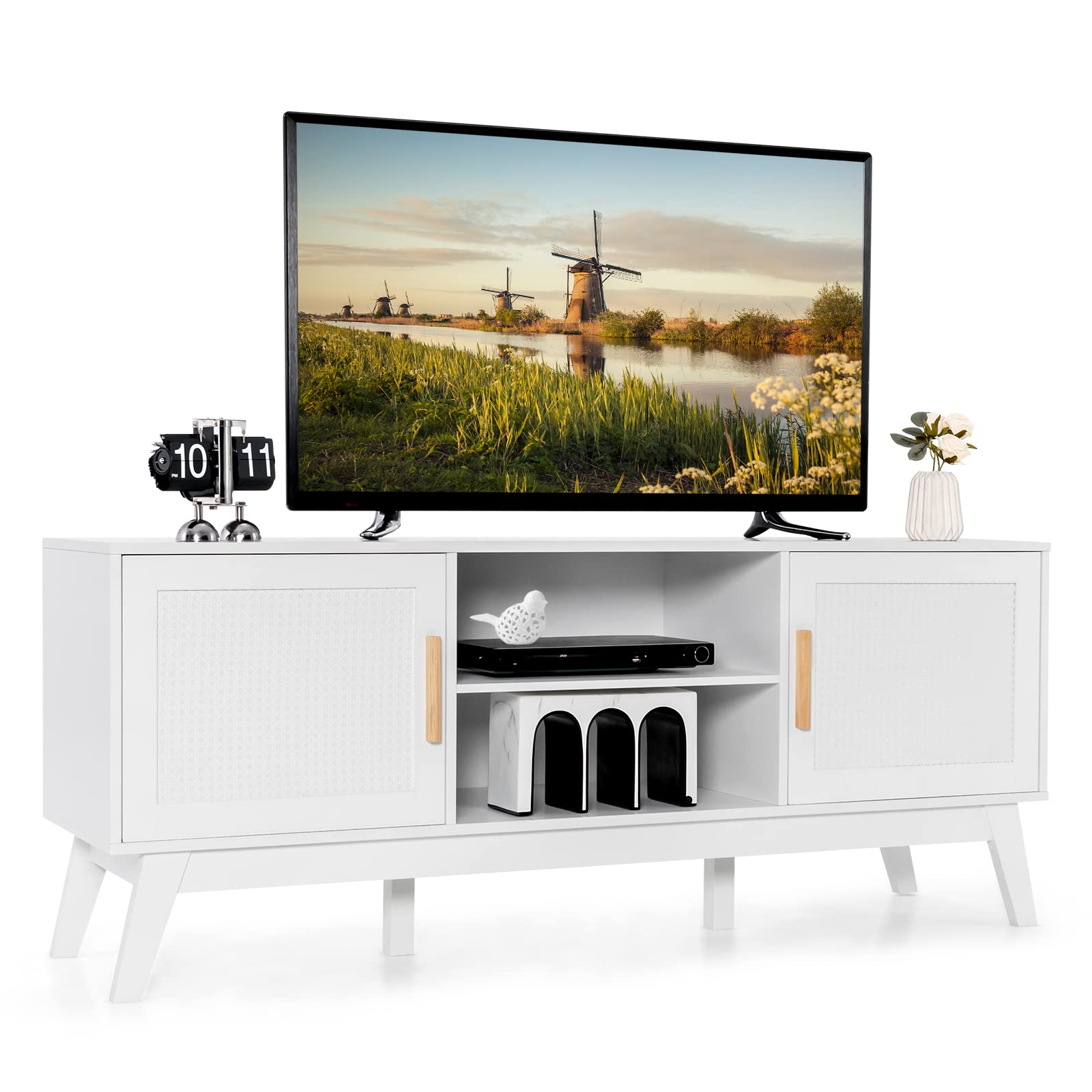 Tangkula 65 Inch Rattan TV Stand with Adjustable Shelf, 2-Door Cabinets & 6 Support Legs - Modern Wooden Media Console with Cable Holes for Living Room, Bedroom or Home Theater (White)