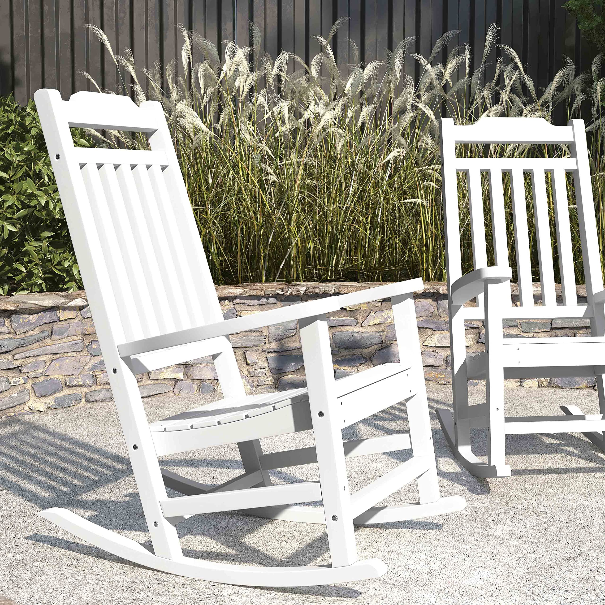 Merrick Lane Hillford All-Weather Rocking Chair Set of 2 - White Poly Resin Patio Rocker for Indoor & Outdoor Use - Perfect for Porch, Garden, Deck, and Living Room Relaxation