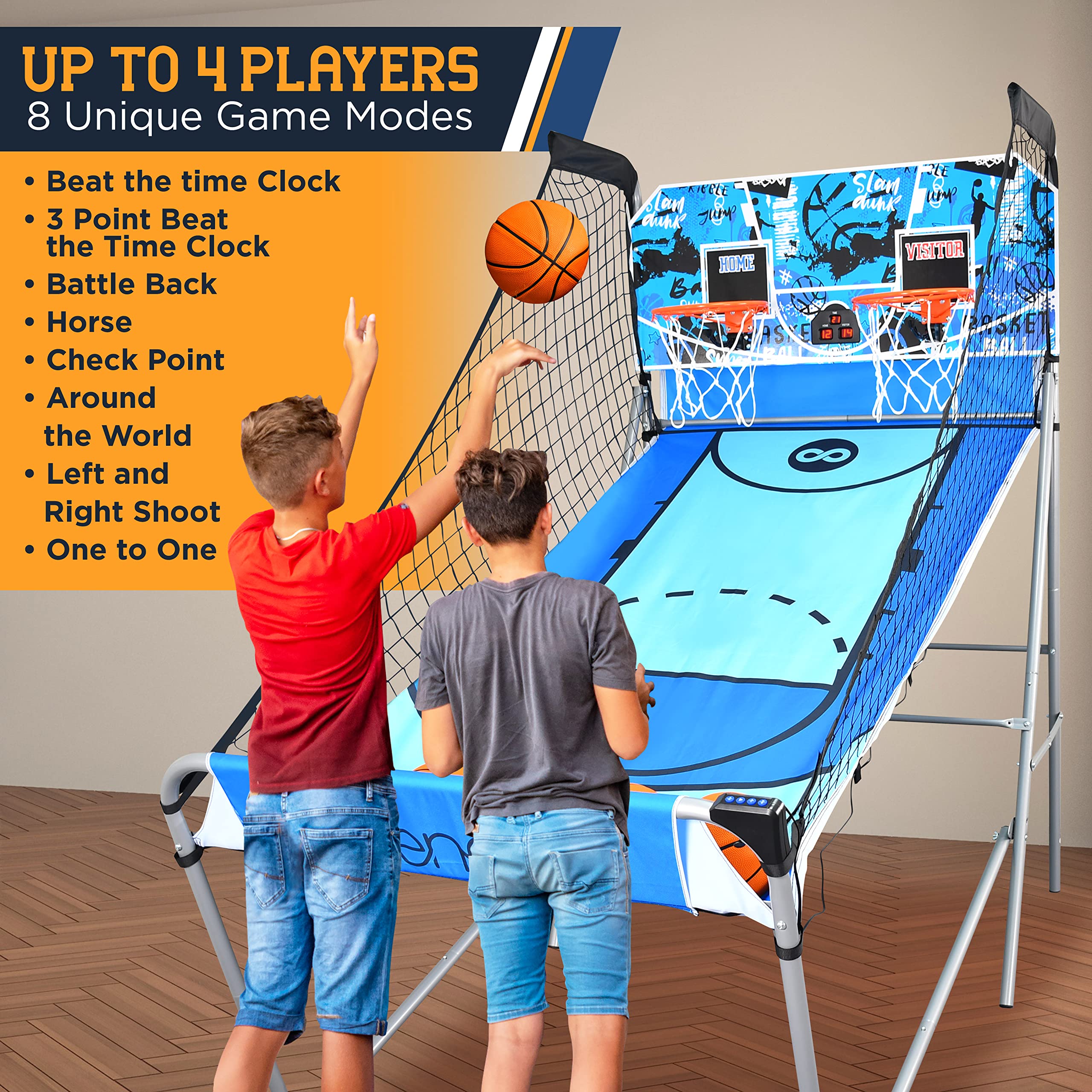 SereneLife Arcade Basketball Game - Indoor Shootout with Heavy Duty Foldable Dual Hoop, Electronic Shot Scoreboard & Play Timer - Pre-Assembled Frame for Home, Office & Game Room Fun
