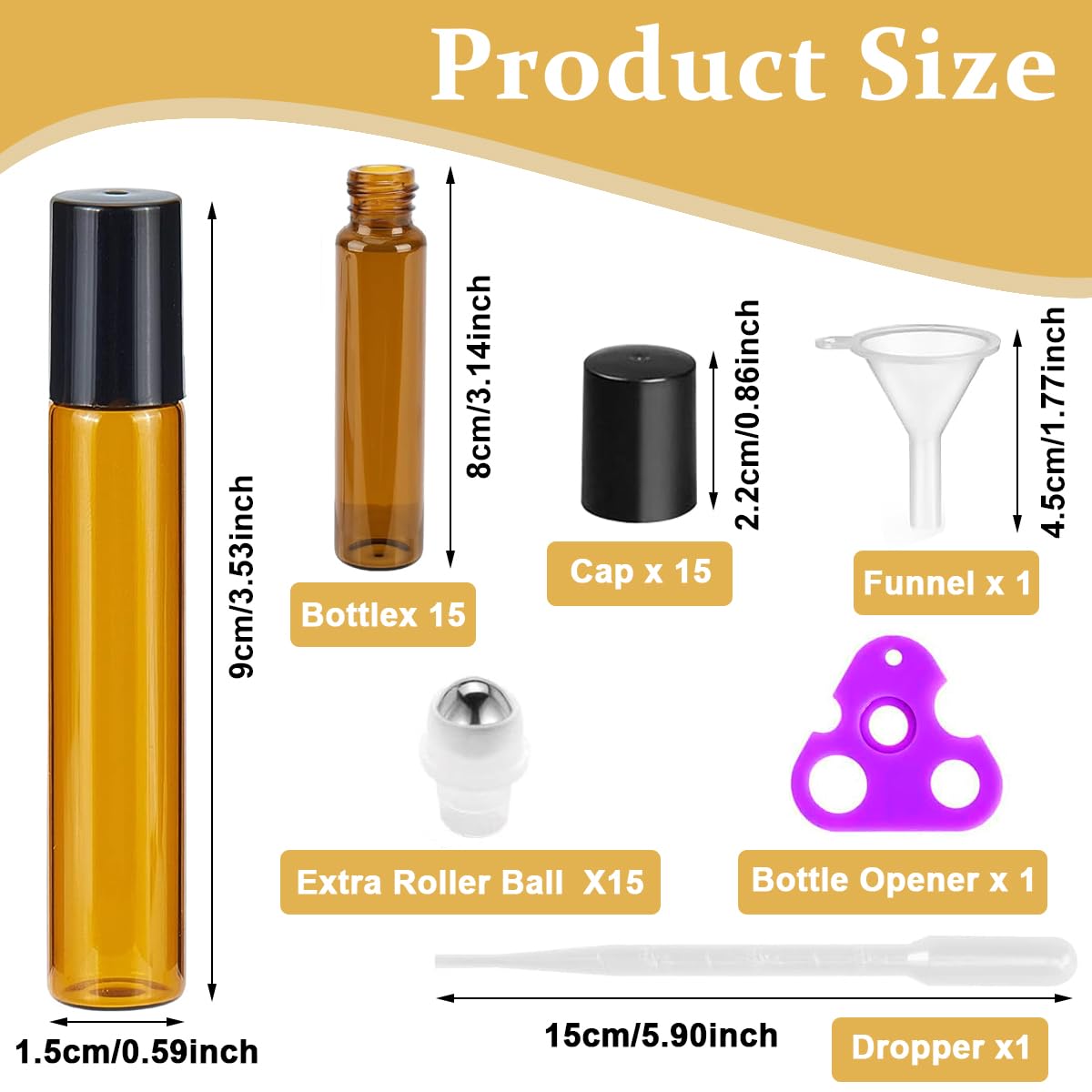 MAYCREATE® 15Pcs 10ml Glass Roller Bottles with Stainless Steel Roller Balls - Essential Oil Roller Bottles for Coconut Oil, Jojoba Oil, Sweet Almond Oil - Includes Funnel & Cap Opener Tool - Perfect for DIY Aromatherapy, Travel & Skincare