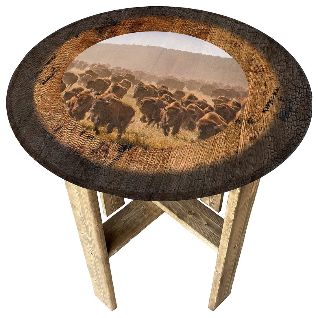 Rustic Bison Buffalo Whiskey Barrel End Table - Farmhouse Pub Decor, Unique Gift for Runners & Whiskey Lovers - Perfect for Living Room, Man Cave or Bar Decor