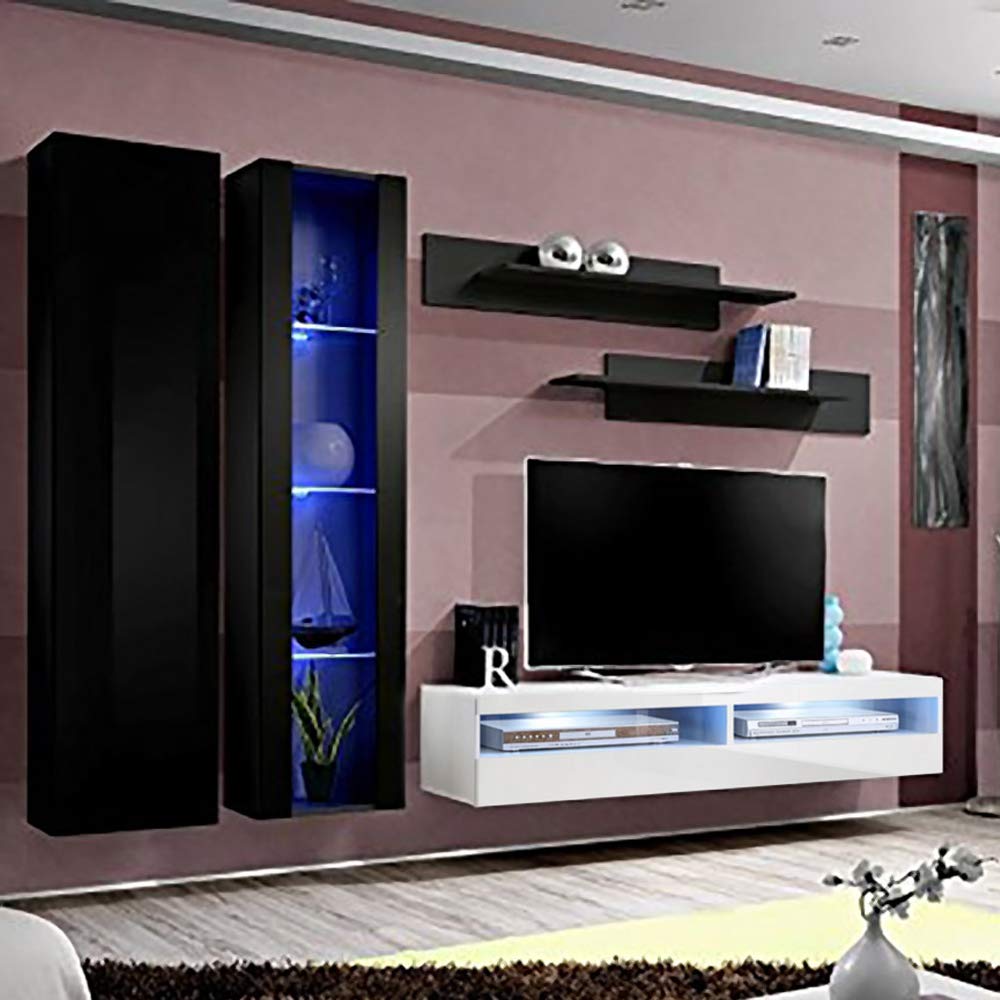 Modern Floating TV Stand for Bedroom & Living Room - Wall-Mounted Entertainment Center with Storage Shelves & LED Lights - A4 35TV Console - Black/White - Perfect for Small Spaces & Home Theater Setup