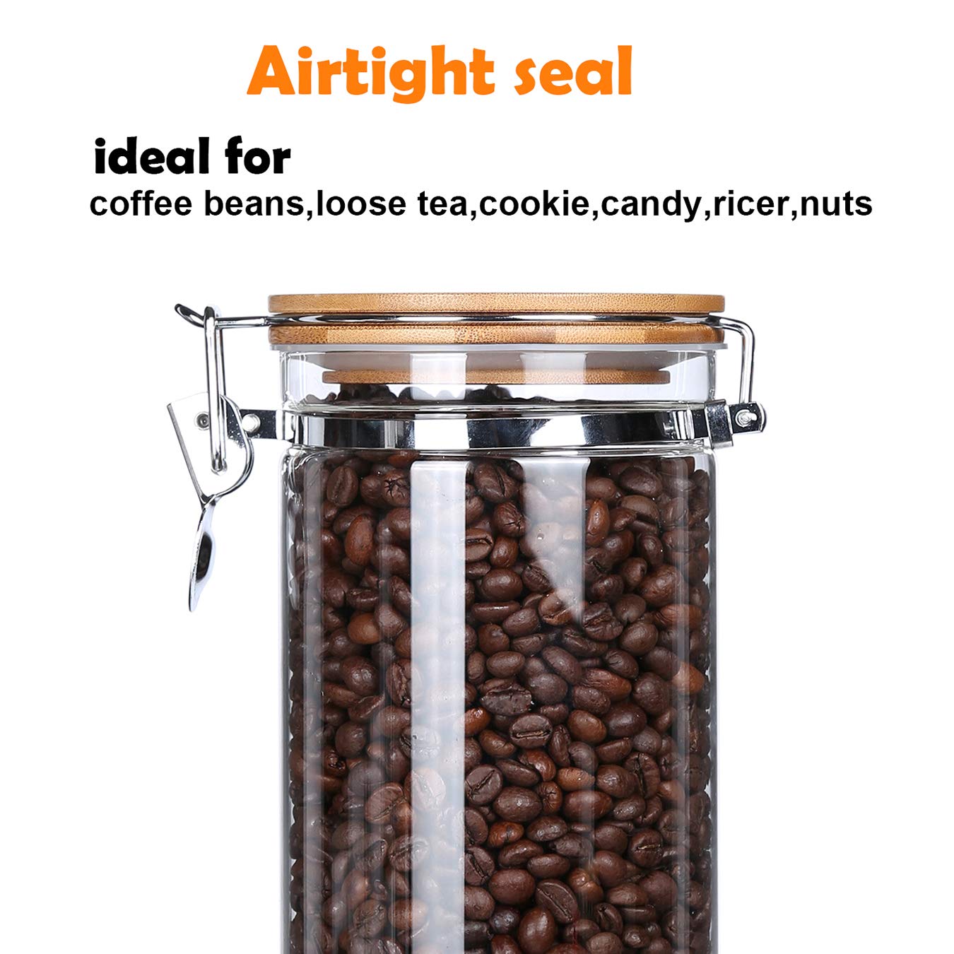 KKC HOME ACCENTS Airtight Glass Food Storage Jars with Bamboo Lids - Coffee Bean, Tea, Nut & Sugar Containers - Includes Scoop for Coffee Grounds | Perfect for Kitchen Pantry Organization & Coffee Bar Storage