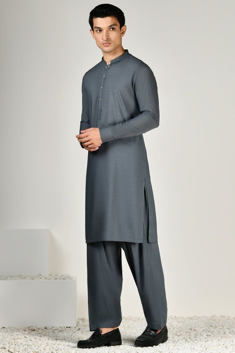 Elegant Blended Grey Shalwar Kameez by J. Junaid Jamshed - Traditional Pakistani Outfit for Men - Perfect for Weddings, Eid & Special Occasions