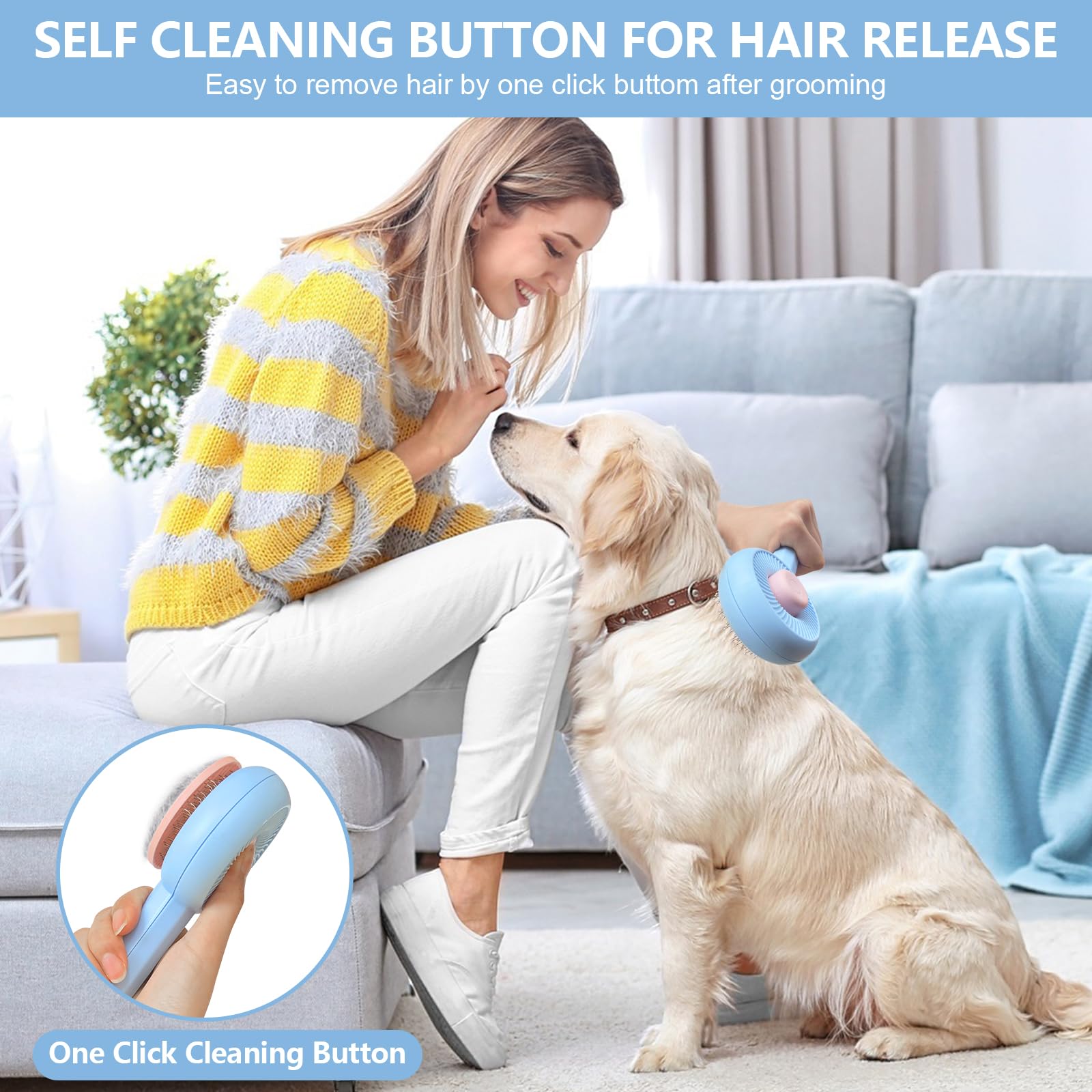 Self Cleaning Cat Brush with Release Button - Gentle Pet Grooming Brush for Long & Short Haired Cats & Dogs - Removes Loose Undercoat & Shedding Hair - Easy Clean Indoor Cat Comb (Blue) - Perfect for Daily Brushing & Reducing Pet Hair at Home
