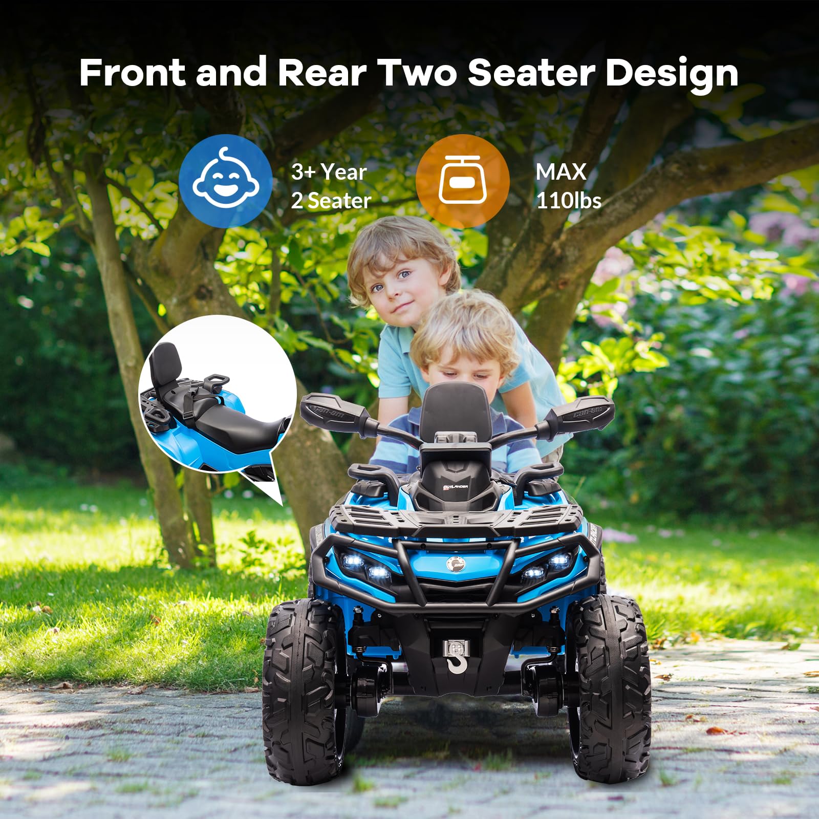 GARVEE 12V Kids Electric ATV Quad - 2-Seater Leather Ride-On Toy with LED Headlights, Bluetooth Music & Adjustable Speeds (2-4 MPH) - Blue | Perfect for Outdoor Play, Birthday Gifts & Kids Ages 3-8 Years Old