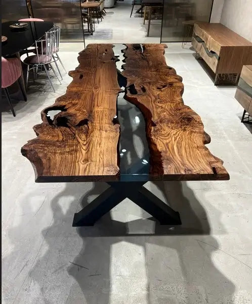 Handcrafted Live Edge Epoxy Resin River Dining Table - Solid Chestnut Wood - Perfect for Modern Farmhouse, Rustic & Contemporary Dining Rooms