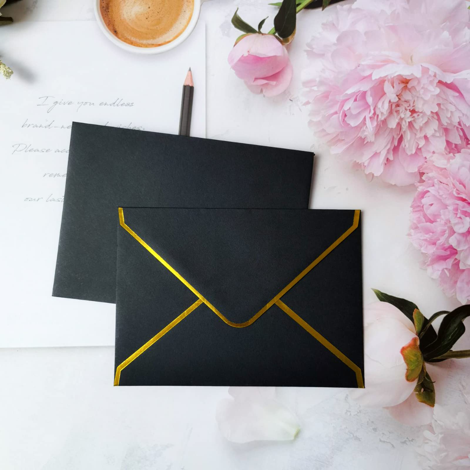 50 Pack A6 Gold Foil Trim Envelopes 4x6 Inches - Elegant Wedding Invitation Envelopes, Graduation & Birthday Cards, Photo Mailers - Perfect for Special Occasions & Professional Correspondence (Black)