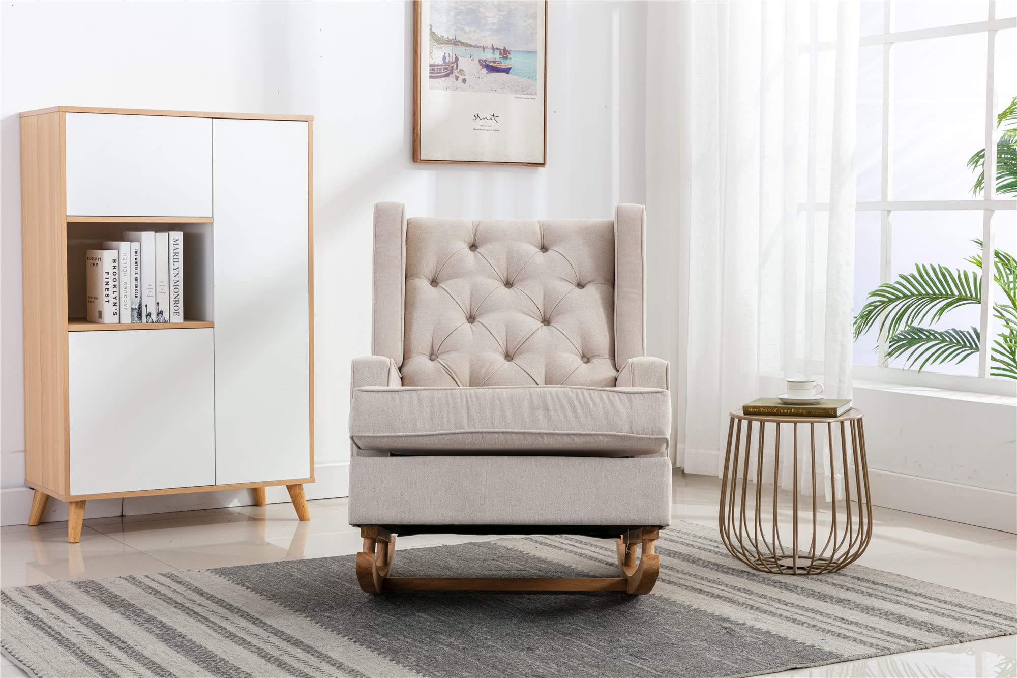Mid-Century Modern Upholstered Solid Wood Rocking Chair - Comfortable Nursery Glider Rocker for Living Room, Bedroom, Study & Office - Beige Accent Lounge Chair - Perfect for Relaxing, Nursing & Reading
