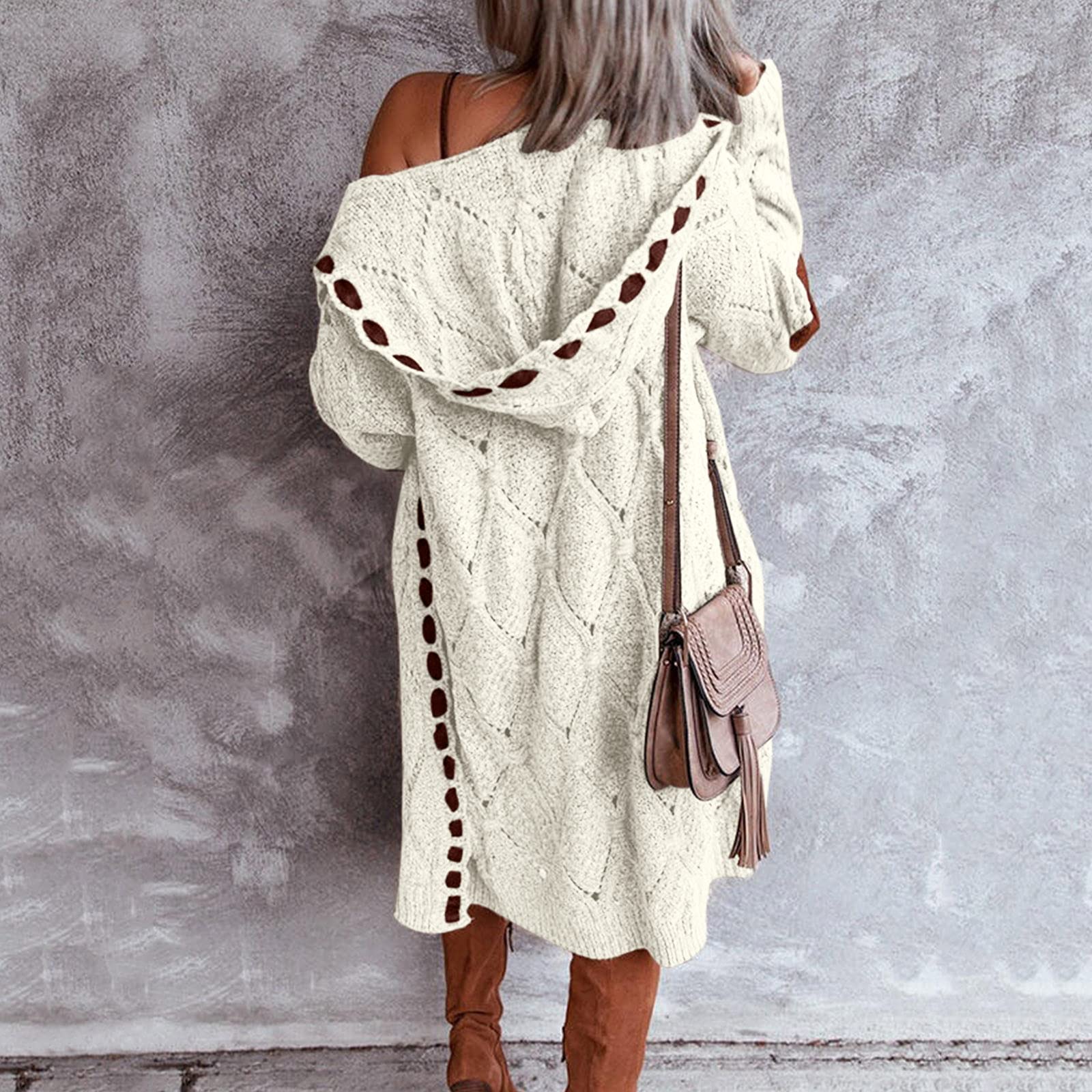 Chunky Knit Cardigan for Women - Lightweight Long Sweater with Hood & Elbow Patches | Cozy Fall & Winter Fashion, Casual Outerwear for Office & Weekend Outings