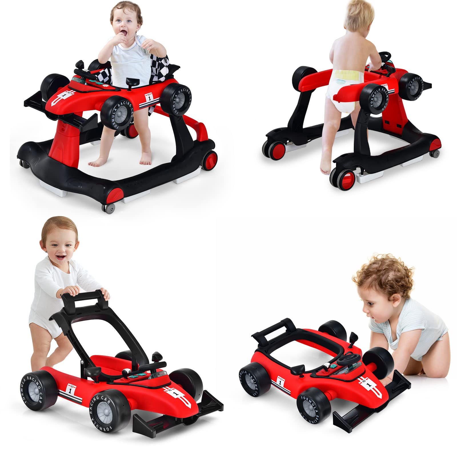 HONEY JOY 4-in-1 Baby Activity Walker with Adjustable Height & Speed - Foldable Push Walker with Music, Lights & Padded Seat for Infants 6-18 Months - Perfect for Learning to Walk & Indoor Play (Red)