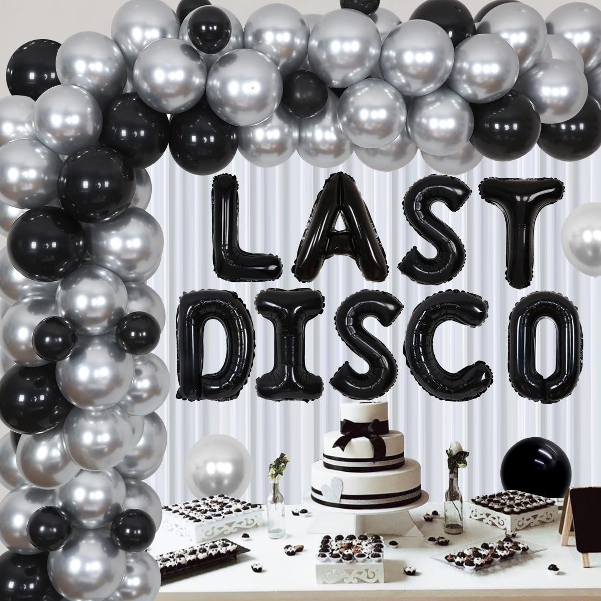 Last Disco Bachelorette Party Decorations - Black & Silver Balloon Garland Kit with Disco Ball Banner, Foil Fringe Backdrop for Disco Themed Dance Parties, Bachelorette Celebrations & 70s Retro Events