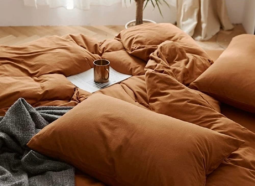 Burnt Orange Washed Cotton Duvet Cover Set - Soft Bohemian Style Bedding for Queen/King/Twin Size - Perfect for Cozy Bedroom Decor & Boho Chic Home Styling