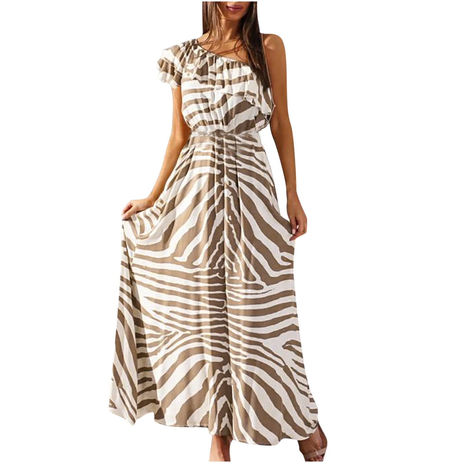 Maqroz Women's Sexy One Shoulder Maxi Dress with Elastic Waist - Flowy Boho Print Long Dress for Beach, Cocktail Parties & Summer Vacations