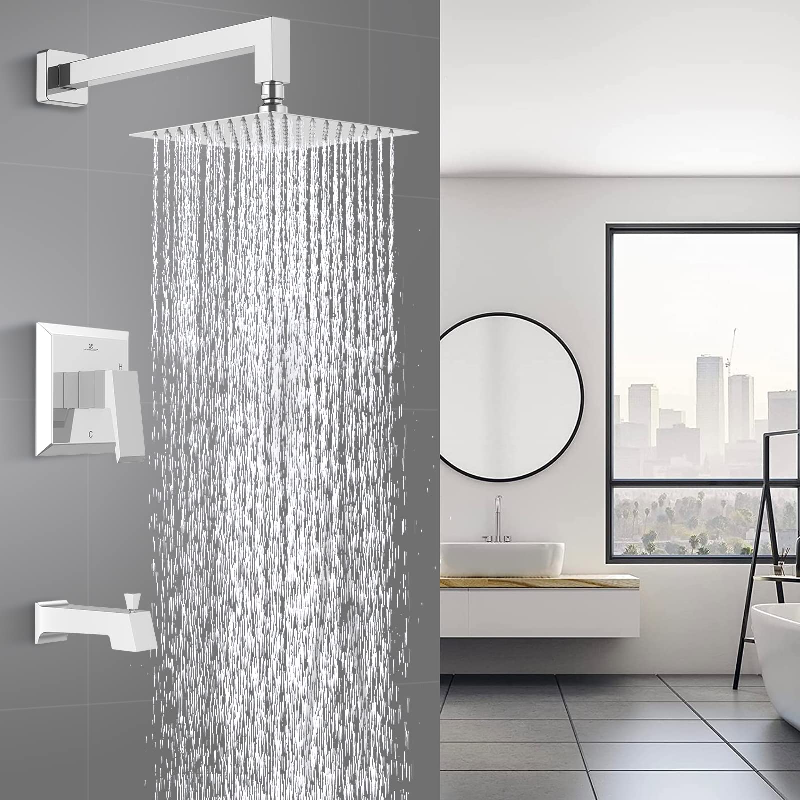 HOMELODY Chrome Shower Faucet Set - High Pressure Square Rainfall Shower Head & Handle Combo, Wall Mounted Luxury Bathroom Fixtures with Shower Valve - Perfect for Modern Home & Spa-Like Shower Experience