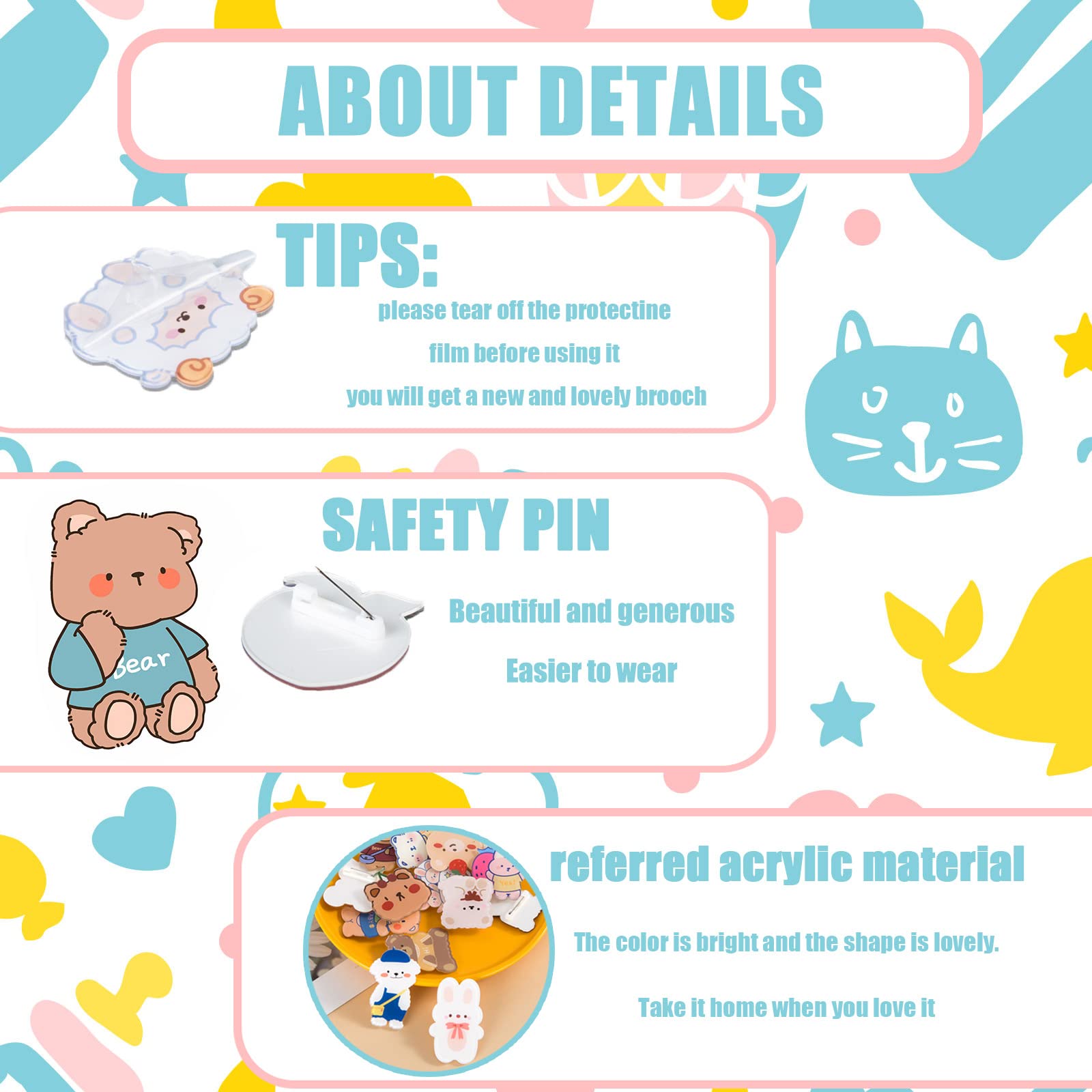 60/102 Pcs Cute Acrylic Brooch Pins - Kawaii Backpack Pins for Bags, Hoodies, Hats & Coats - Random Mixed Pack Aesthetic Accessories - Perfect Gifts for Girls & Teens - School, Travel & Fashion Styling