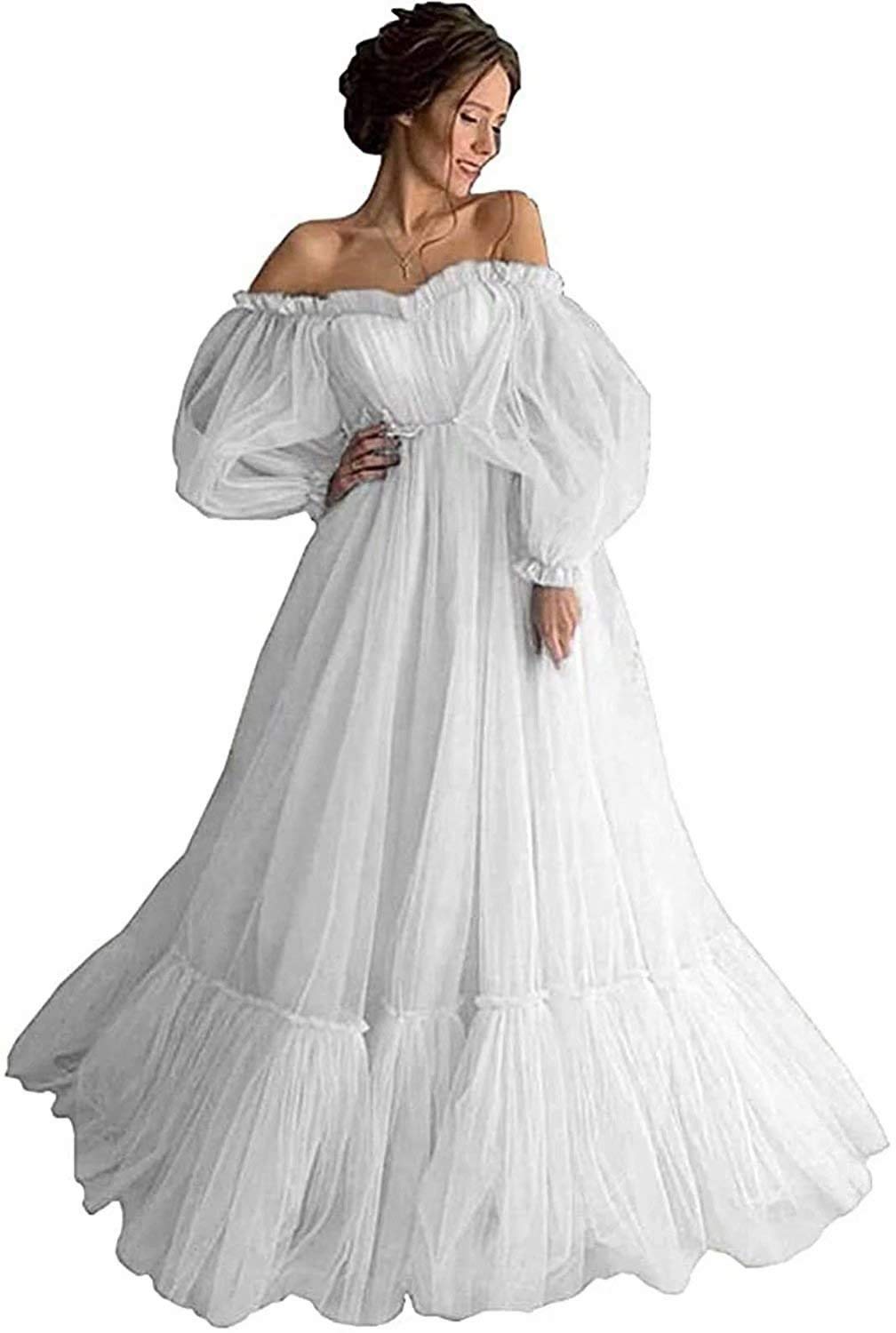 Elegant Off Shoulder Long Ruffle Sweetheart Tulle Prom Dress with Puffy Sleeves - Women's Ball Gown for Formal Events, Weddings & Evening Parties