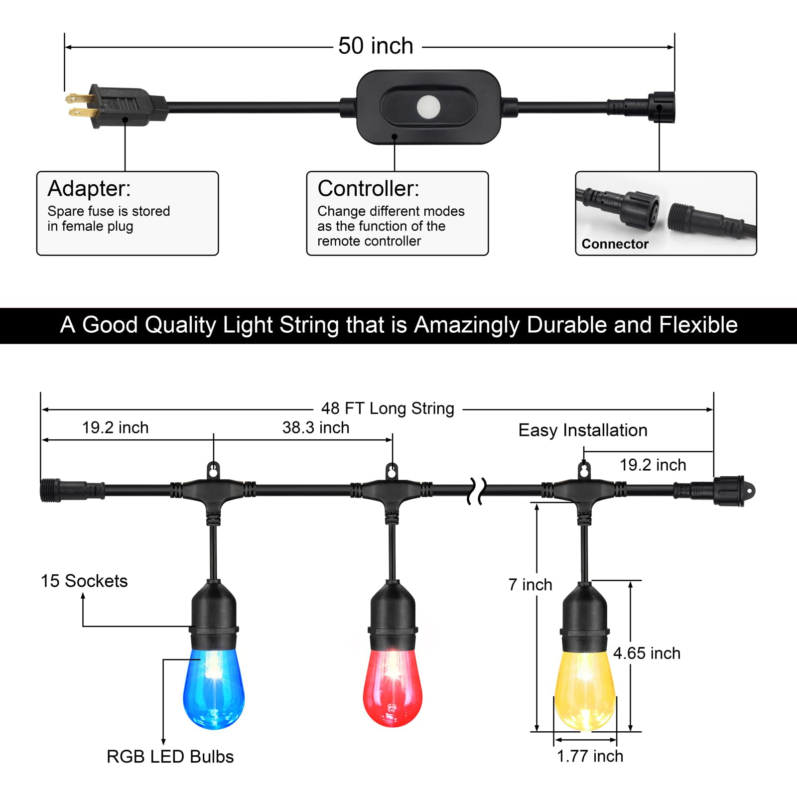 48FT Outdoor LED String Lights - Waterproof Dimmable RGB Patio Lights with Remote Control & 15 Shatterproof Bulbs - Perfect for Bistro, Cafe, Garden Party, Backyard Wedding, and Outdoor Decor (Black, 1 Pack)