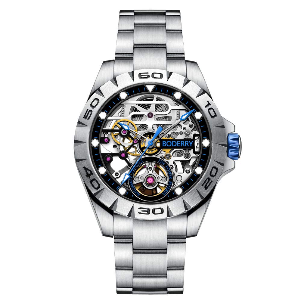 Boderry Original Urban Men's Stainless Steel Skeleton Watch - Automatic Self-Winding Mechanical Luminous Wristwatch with Rubber/Leather Strap, 72H Power Reserve - Perfect for Business, Casual & Outdoor Activities