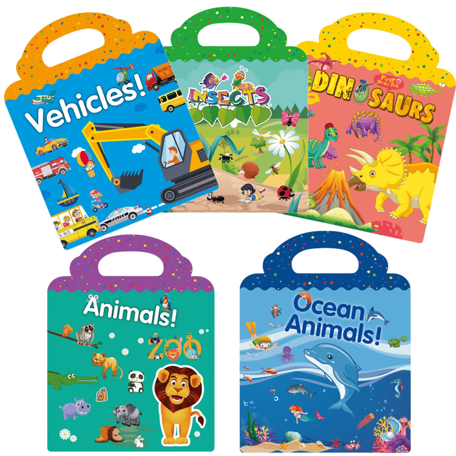 Reusable Sticker Books for Kids 1-4 - 5 Themes (Dinosaur, Vehicles, Animals) | Preschool Learning & Travel Toys
